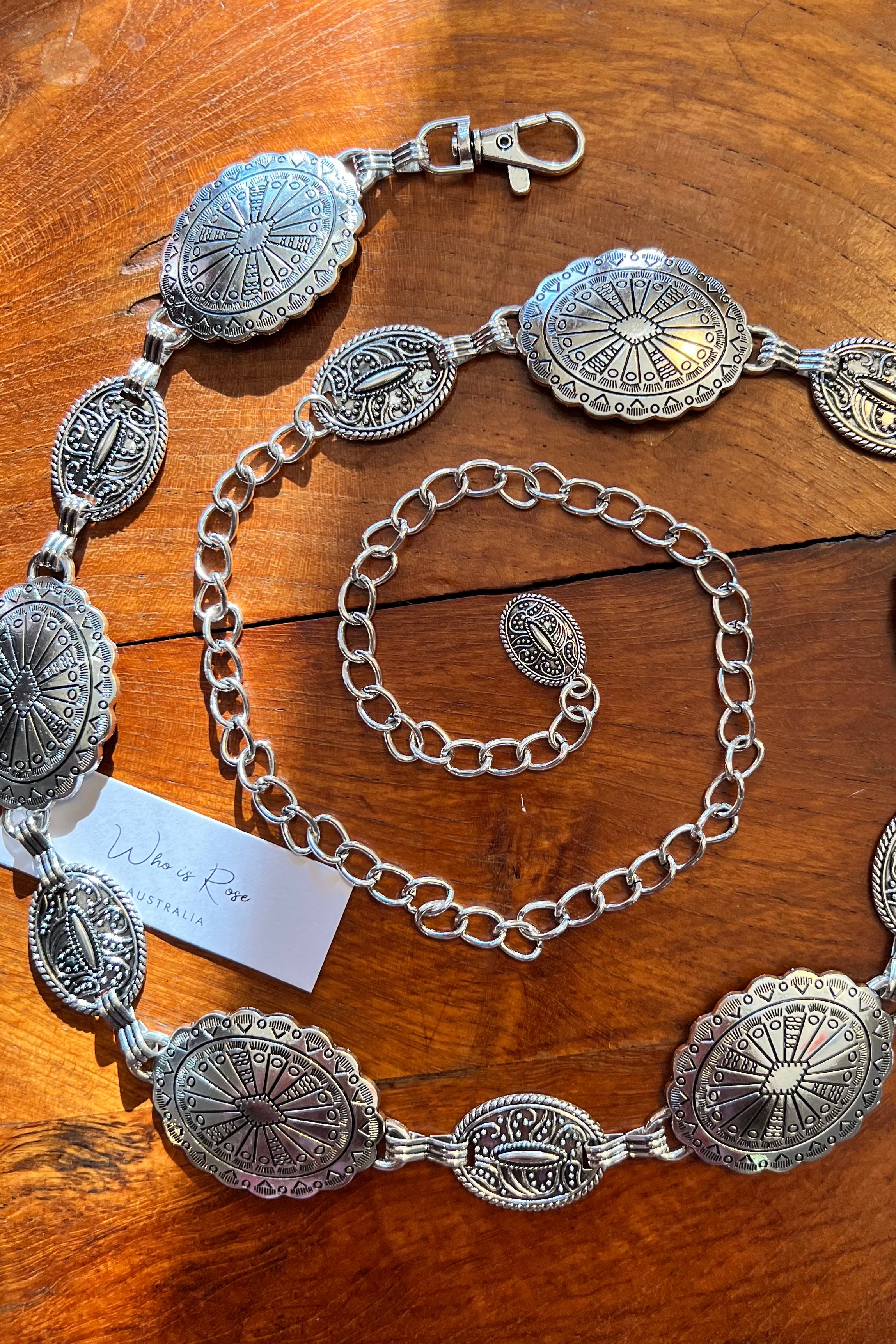 Silver finish concho chain belt with engraved oval medallion and extender - boho festival waist belt Australia.