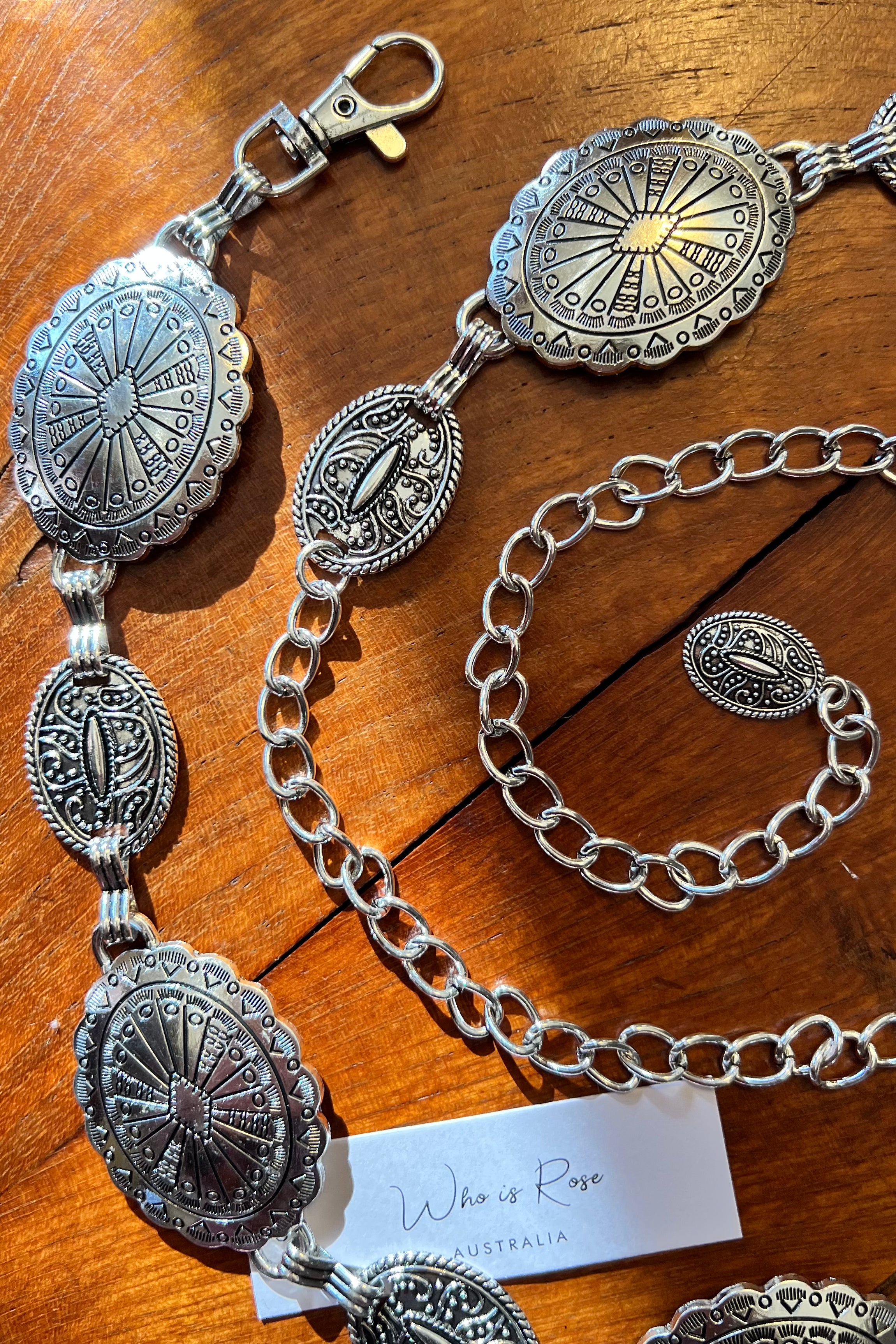 Silver finish concho chain belt with engraved oval medallion and extender - boho festival waist belt Australia.