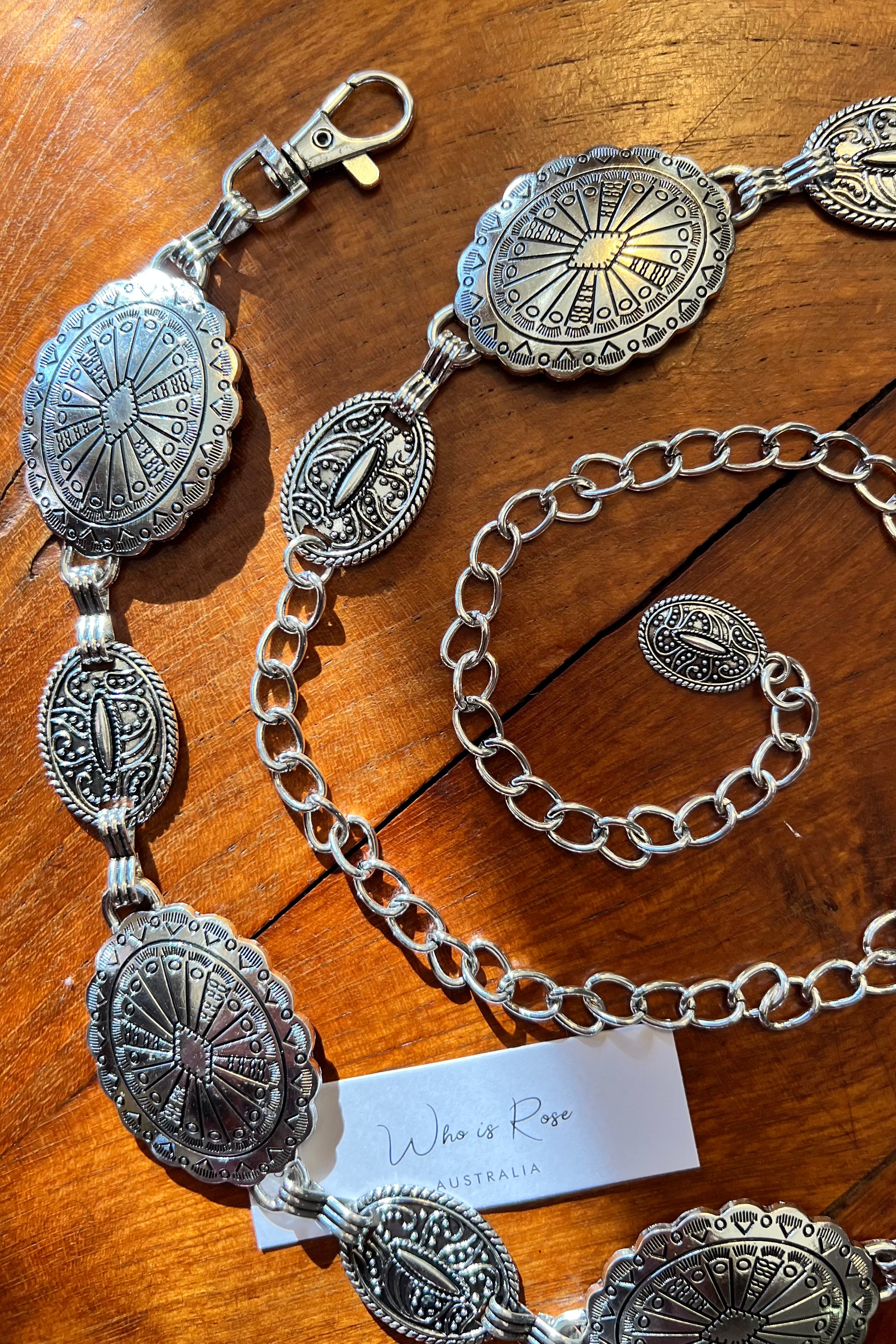 Silver finish concho chain belt with engraved oval medallion and extender - boho festival waist belt Australia.