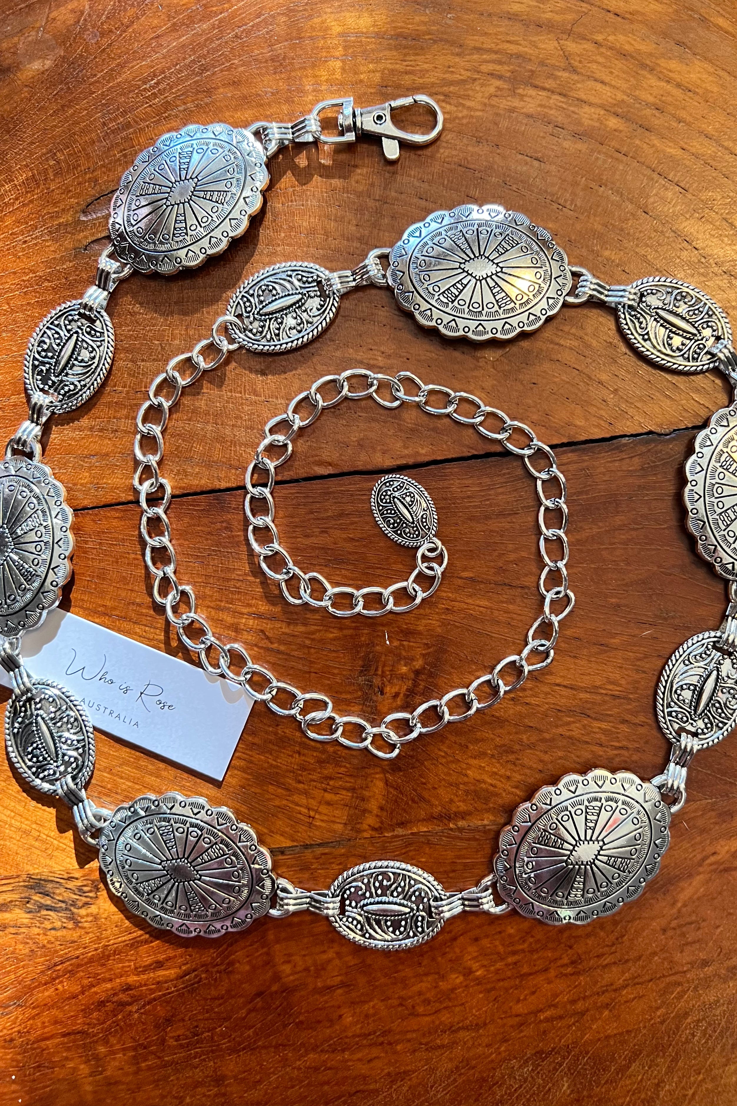 Silver finish concho chain belt with engraved oval medallion and extender - boho festival waist belt Australia.