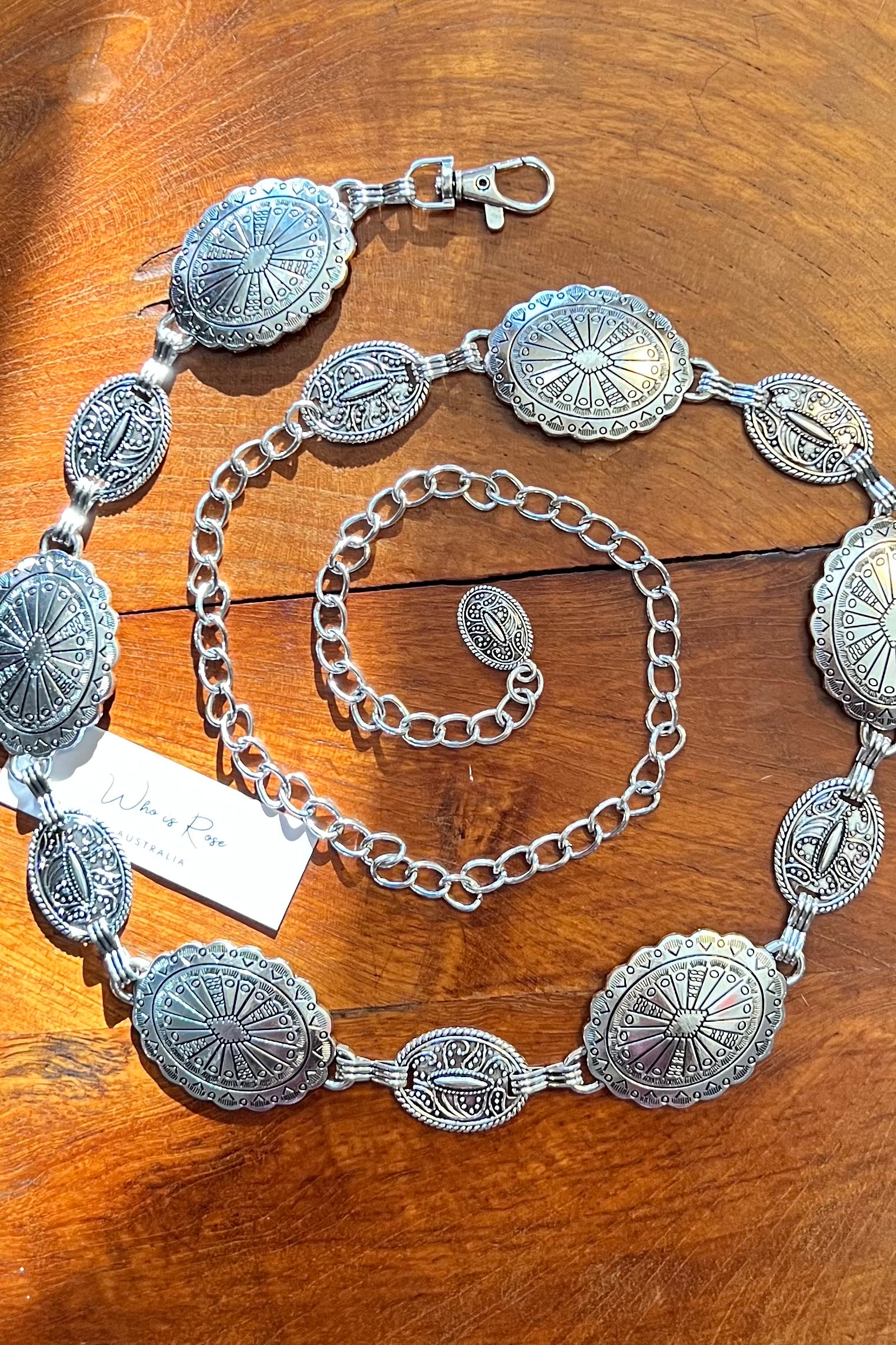 Silver finish concho chain belt with engraved oval medallion and extender - boho festival waist belt Australia.