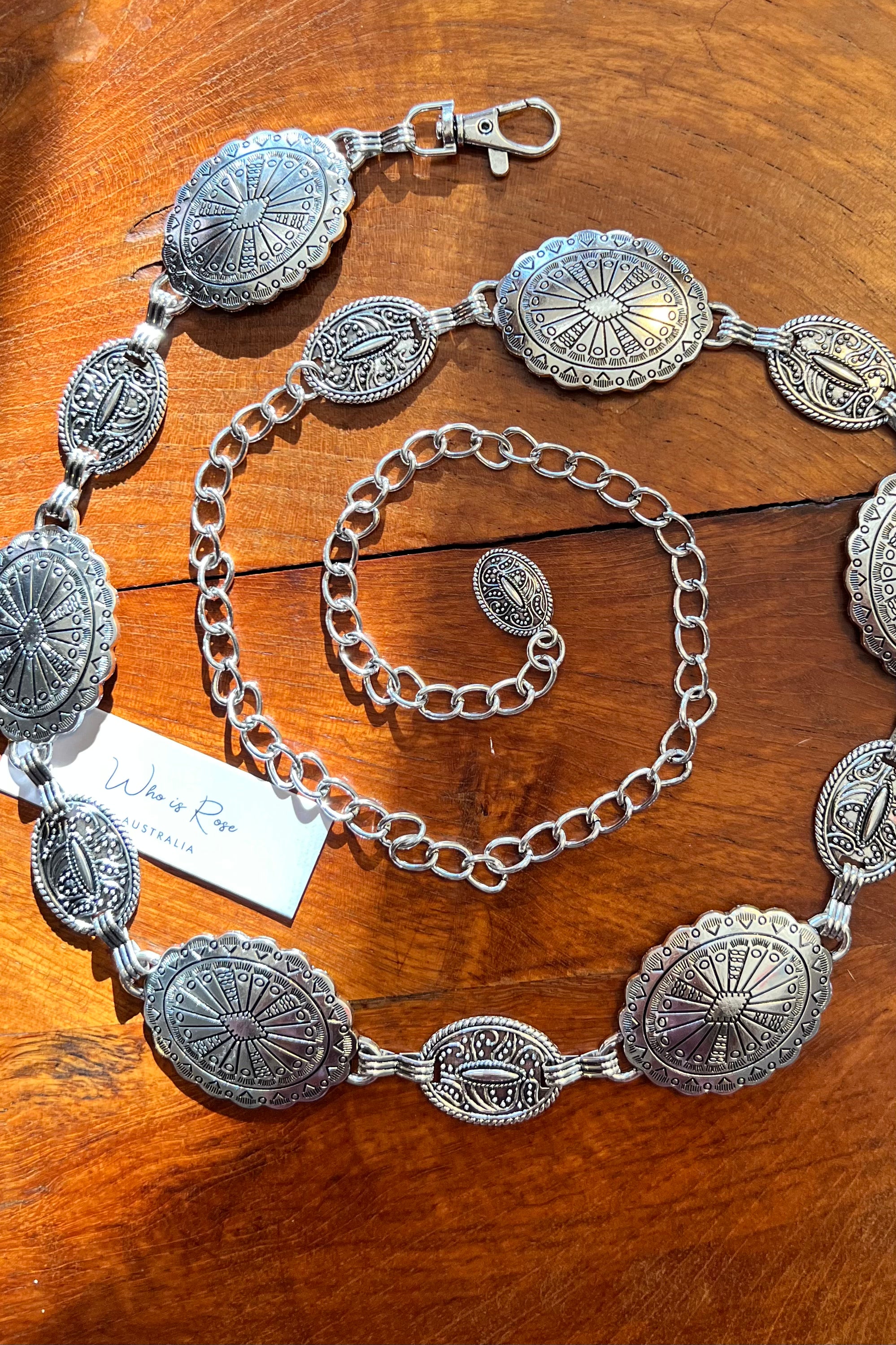 Silver finish concho chain belt with engraved oval medallion and extender - boho festival waist belt Australia.