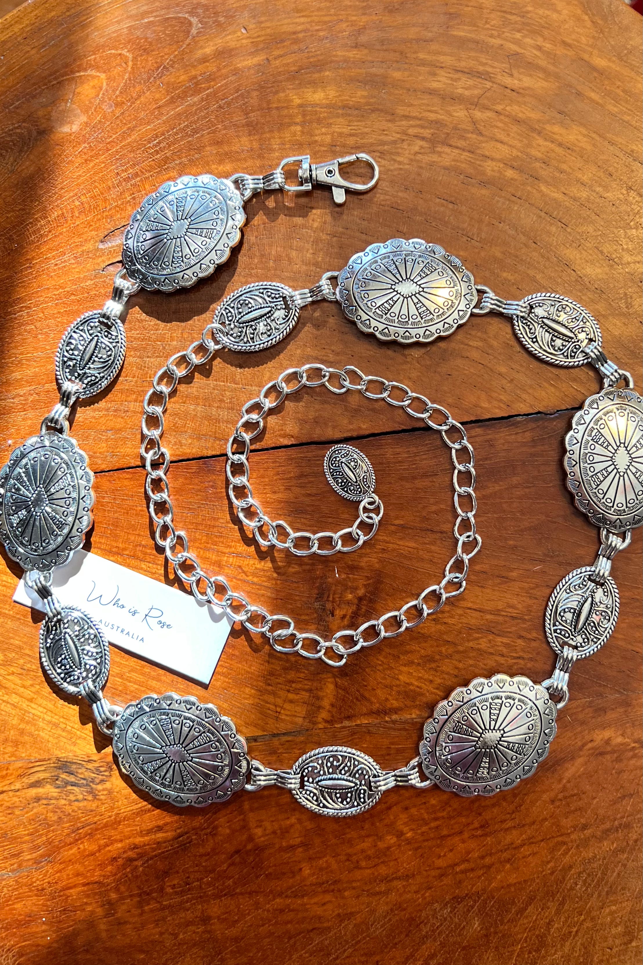 Silver finish concho chain belt with engraved oval medallion and extender - boho festival waist belt Australia.