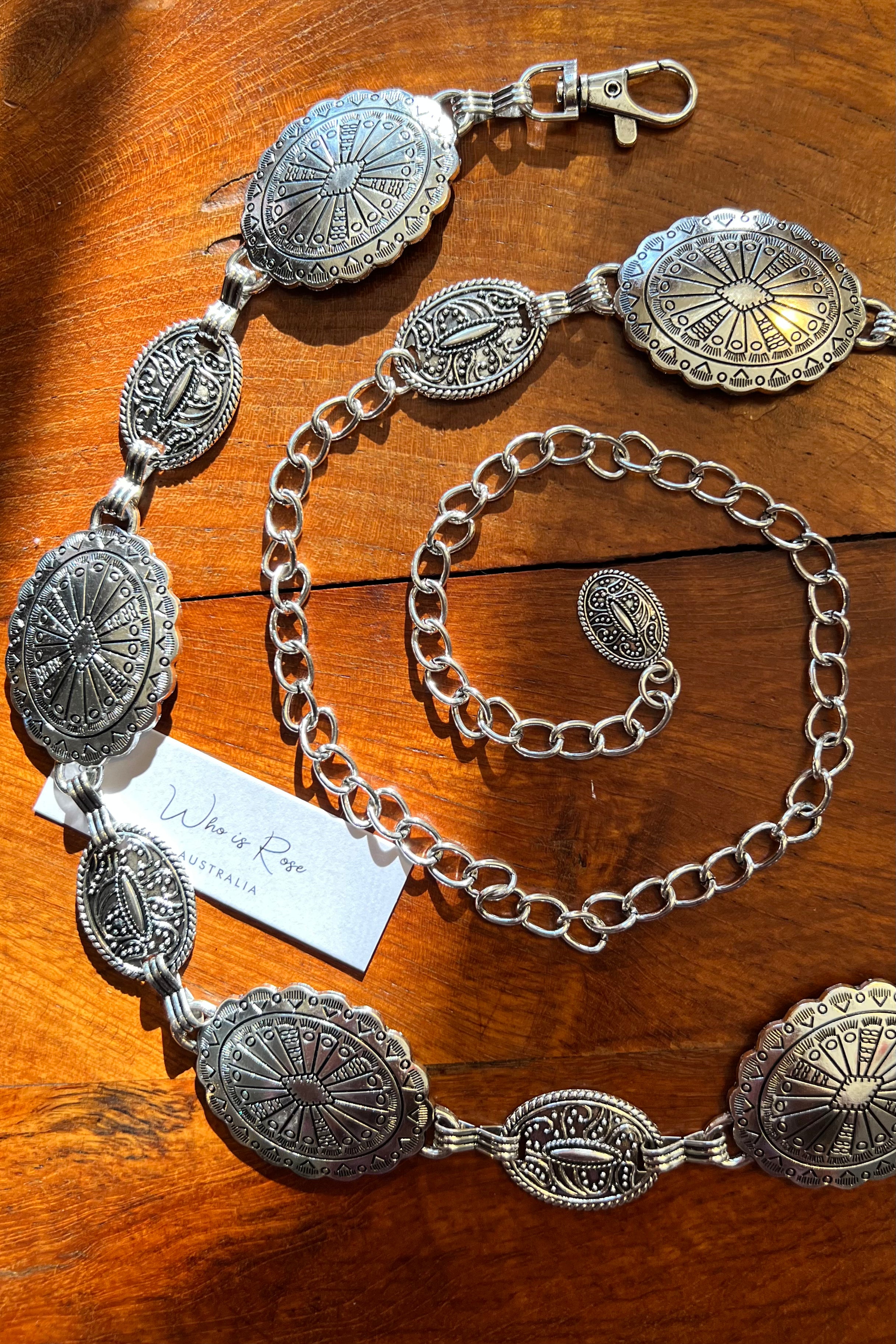 Silver finish concho chain belt with engraved oval medallion and extender - boho festival waist belt Australia.