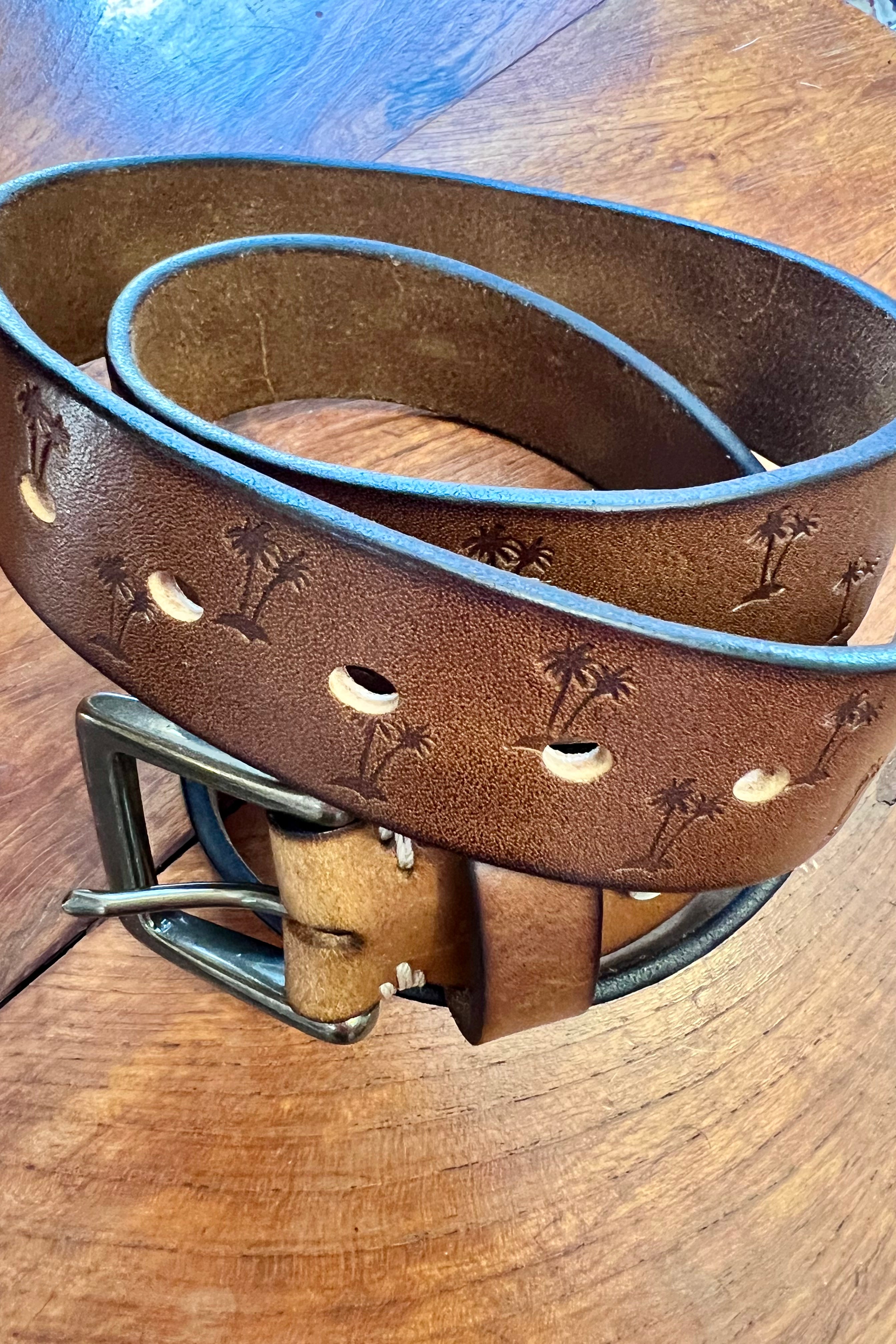 Tan leather belt 120cm with embossed palm tree design and copper buckle - Havana Belt - Bohemian Love Runway