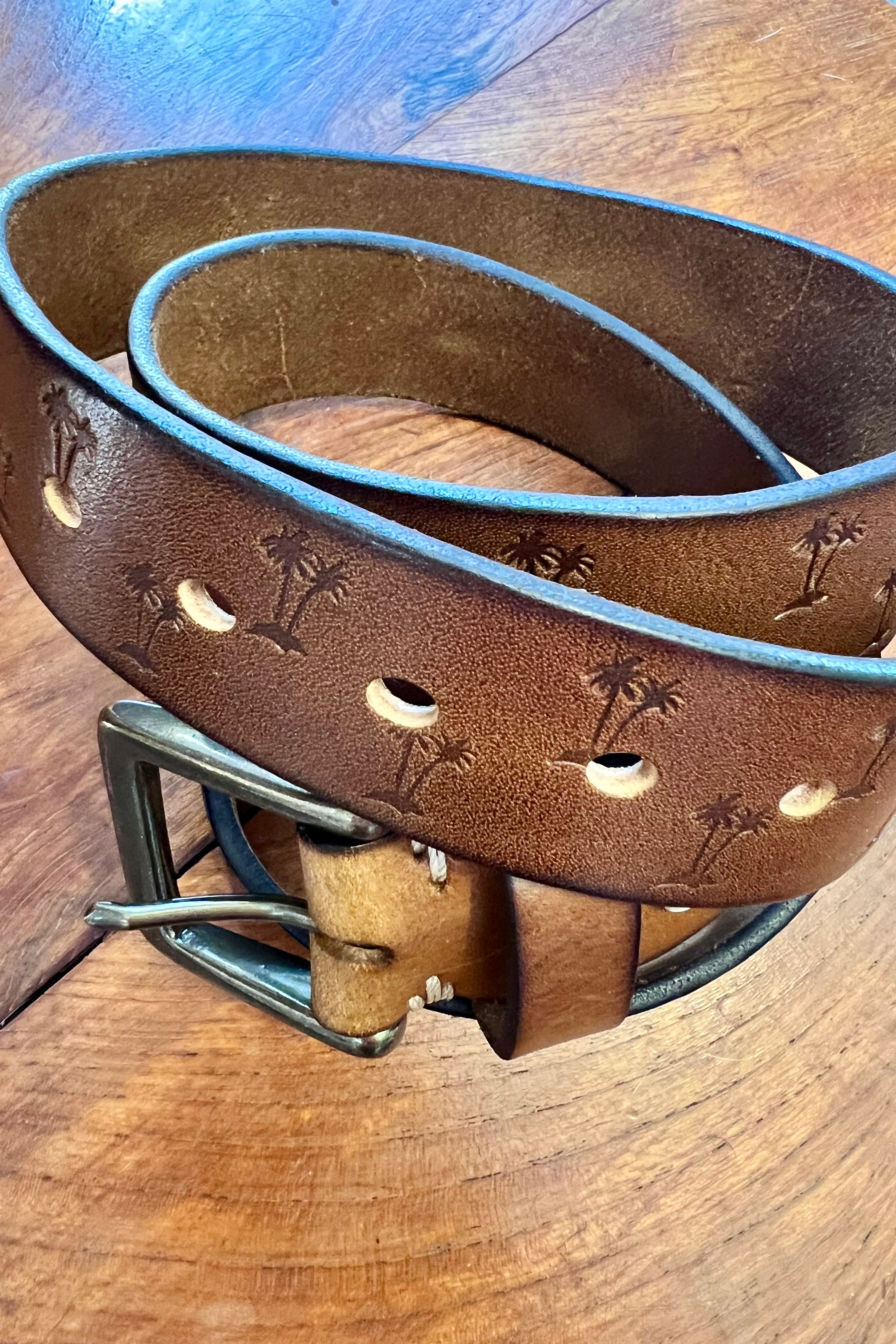 Tan leather belt 120cm with embossed palm tree design and copper buckle - Havana Belt - Bohemian Love Runway