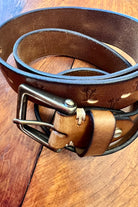 Tan leather belt 120cm with embossed palm tree design and copper buckle - Havana Belt - Bohemian Love Runway