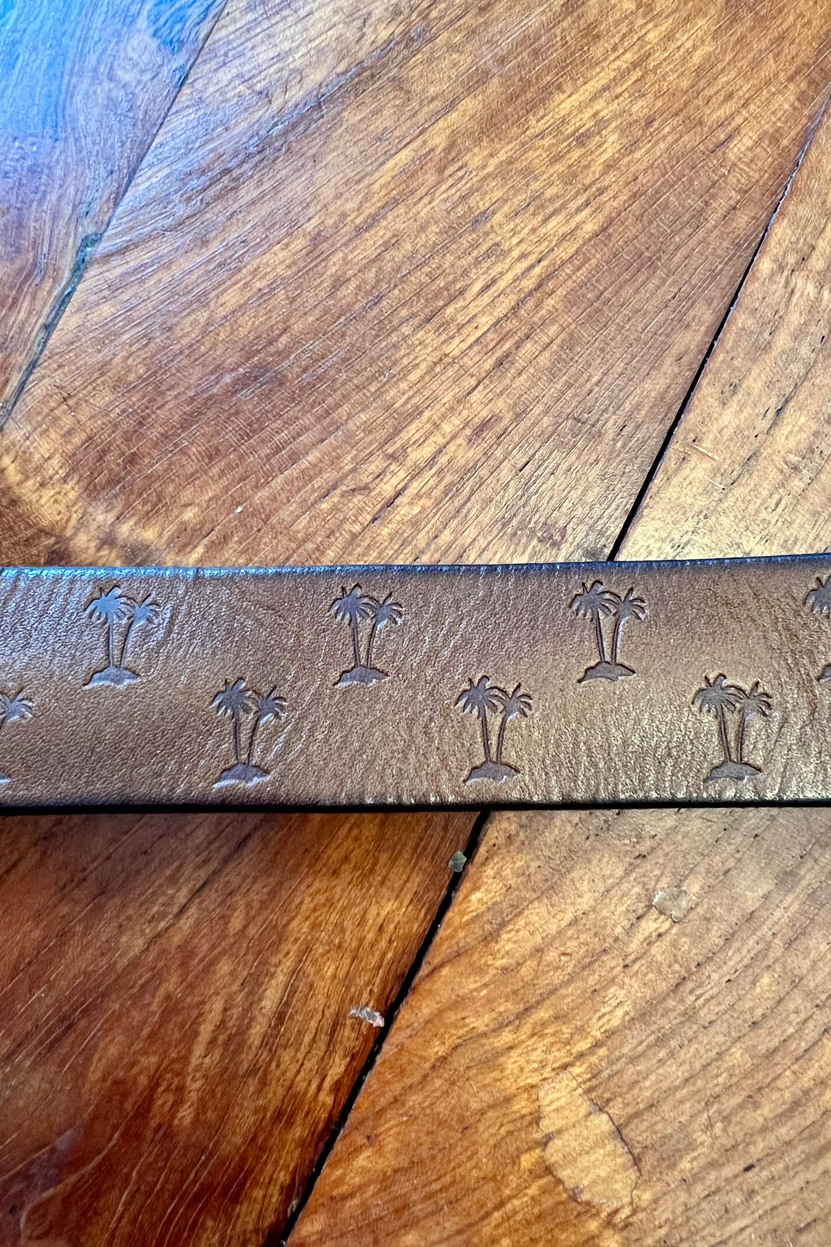 Tan leather belt 120cm with embossed palm tree design and copper buckle - Havana Belt - Bohemian Love Runway