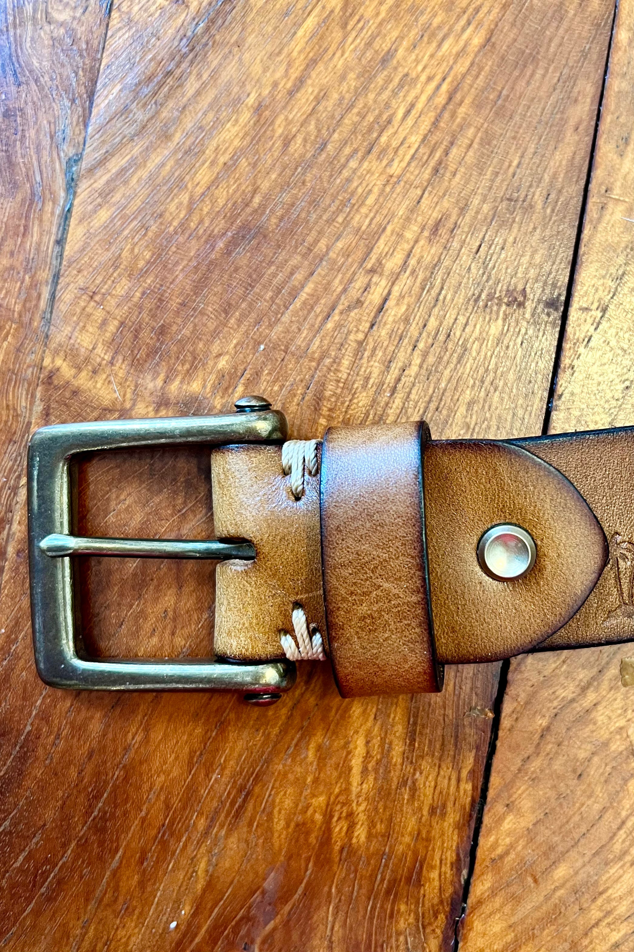 Tan leather belt 120cm with embossed palm tree design and copper buckle - Havana Belt - Bohemian Love Runway