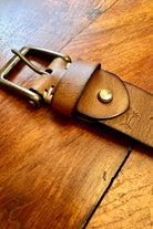 Tan leather belt 120cm with embossed palm tree design and copper buckle - Havana Belt - Bohemian Love Runway