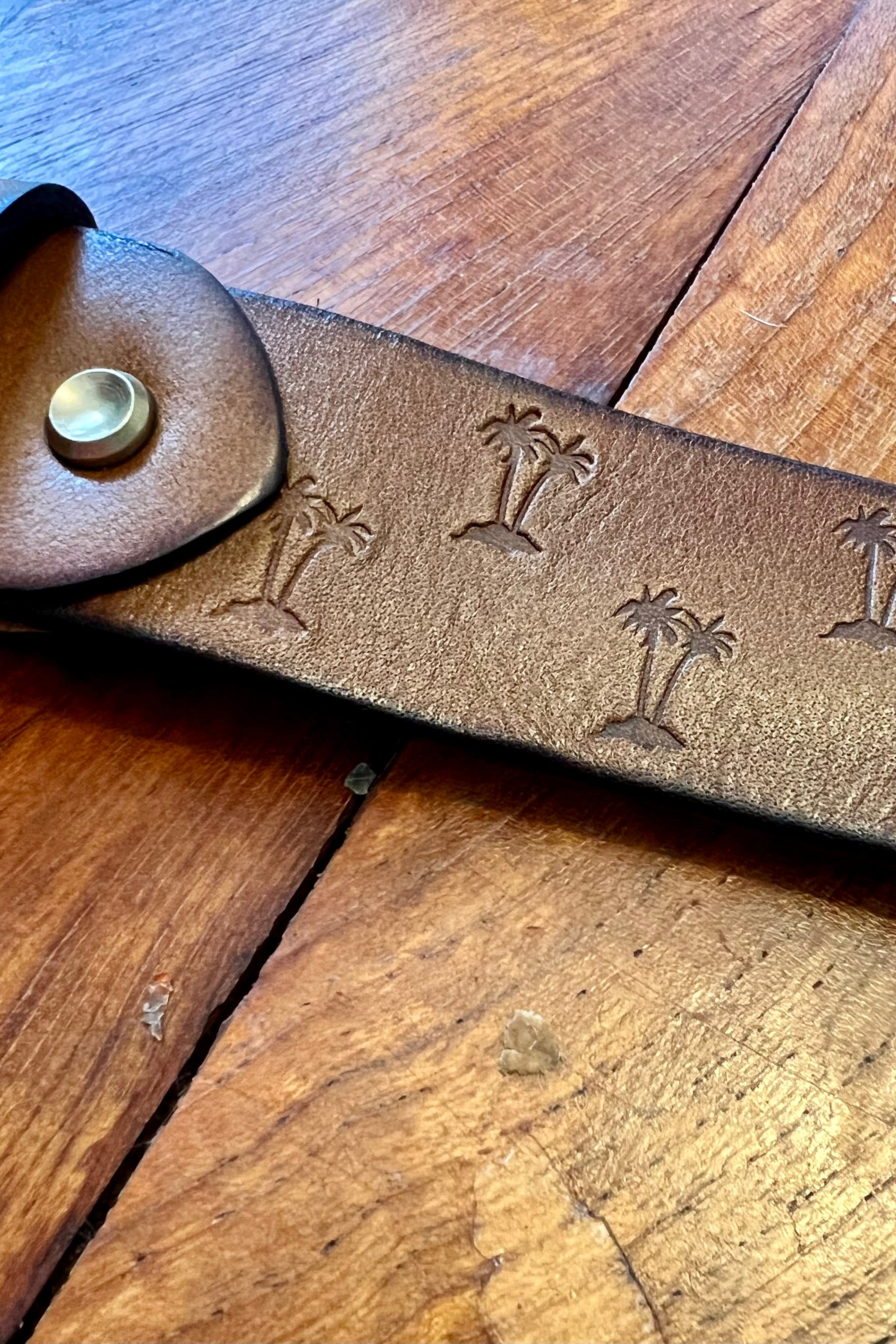 Tan leather belt 120cm with embossed palm tree design and copper buckle - Havana Belt - Bohemian Love Runway