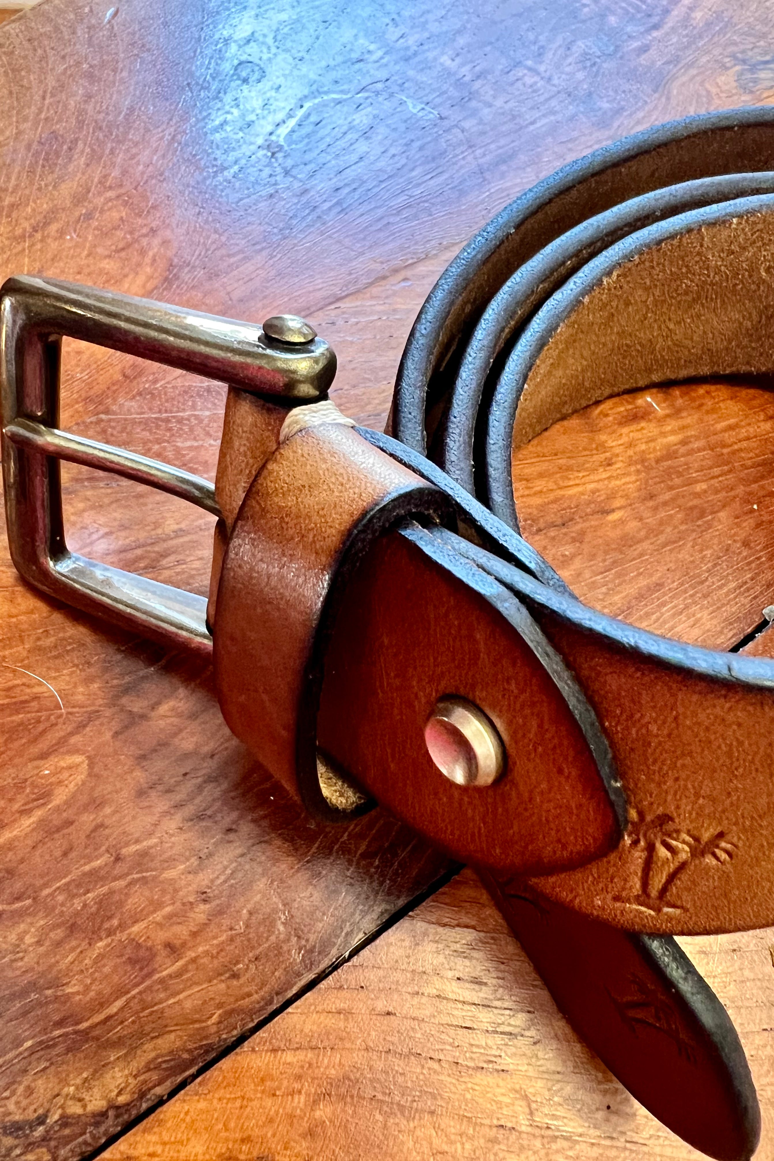 Tan leather belt 120cm with embossed palm tree design and copper buckle - Havana Belt - Bohemian Love Runway