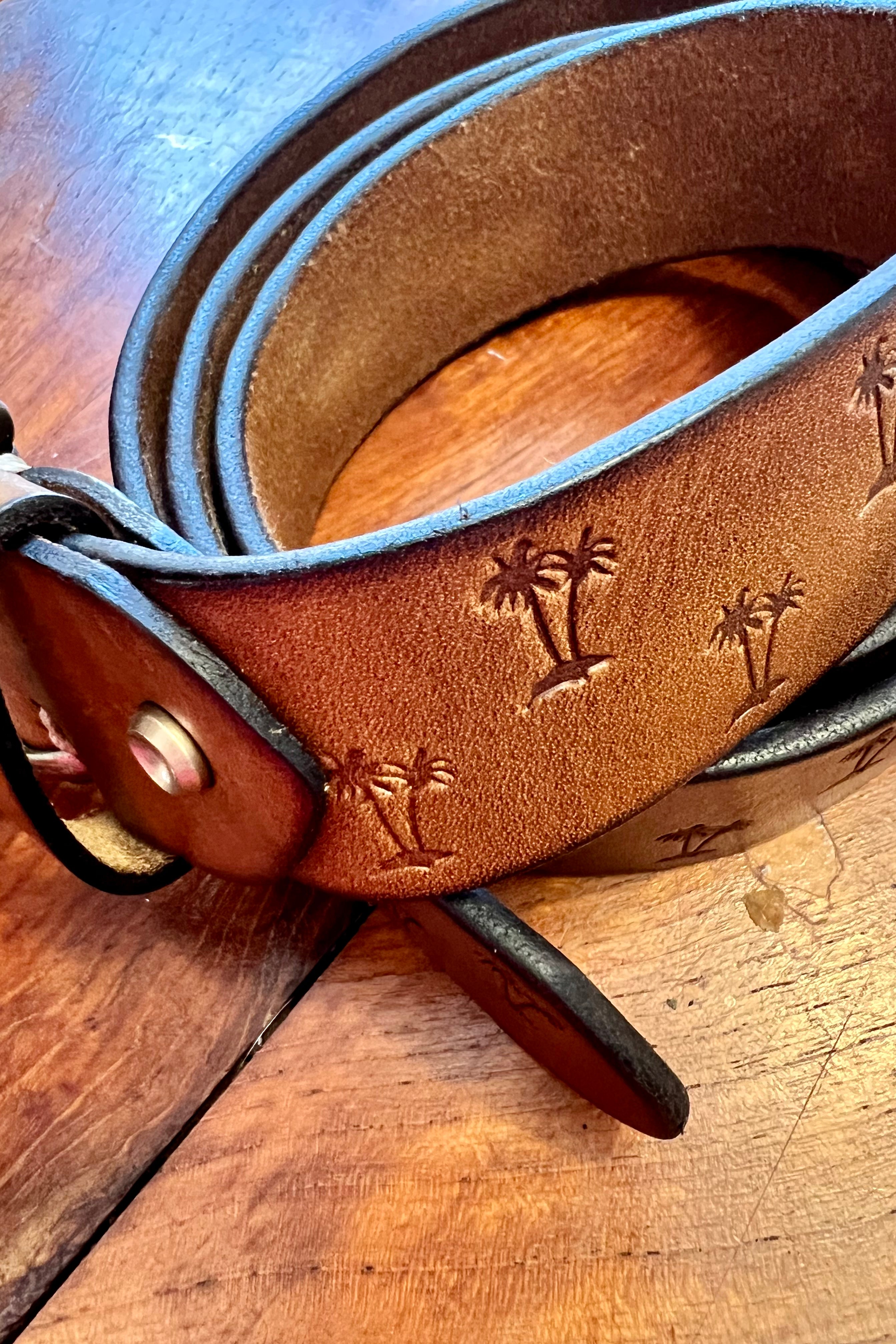 Tan leather belt 120cm with embossed palm tree design and copper buckle - Havana Belt - Bohemian Love Runway