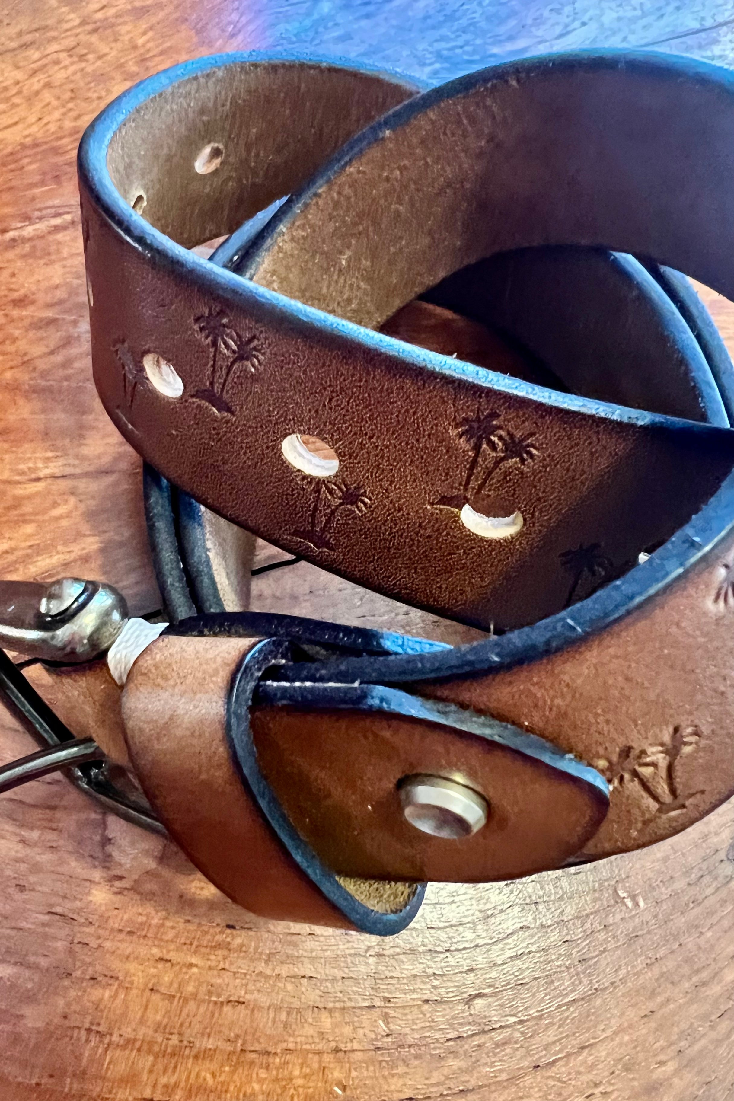 Tan leather belt 120cm with embossed palm tree design and copper buckle - Havana Belt - Bohemian Love Runway