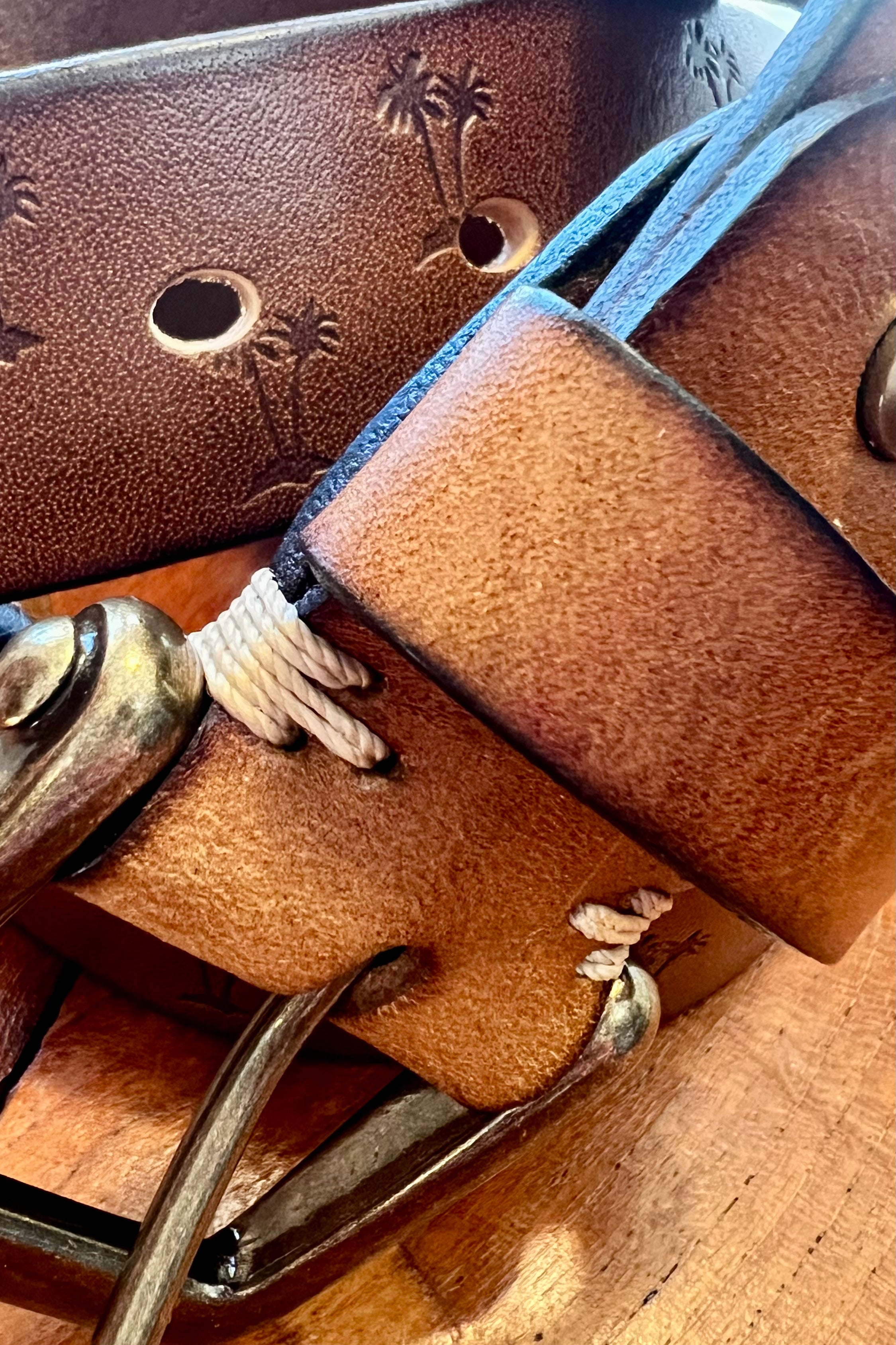 Tan leather belt 120cm with embossed palm tree design and copper buckle - Havana Belt - Bohemian Love Runway