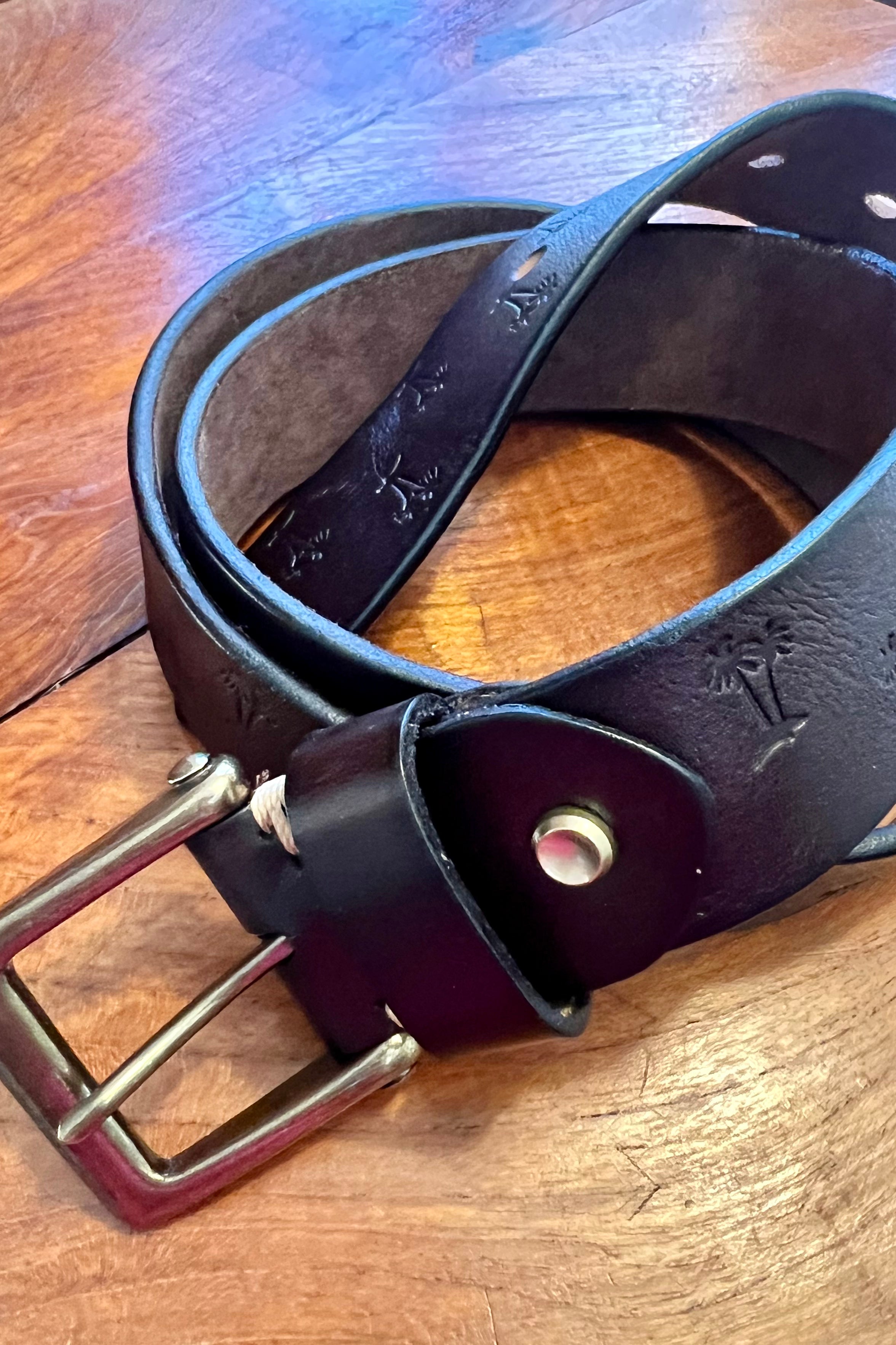 Vintage brown leather belt 120cm with embossed palm tree design and copper buckle - Havana Belt - Bohemian Love Runway 