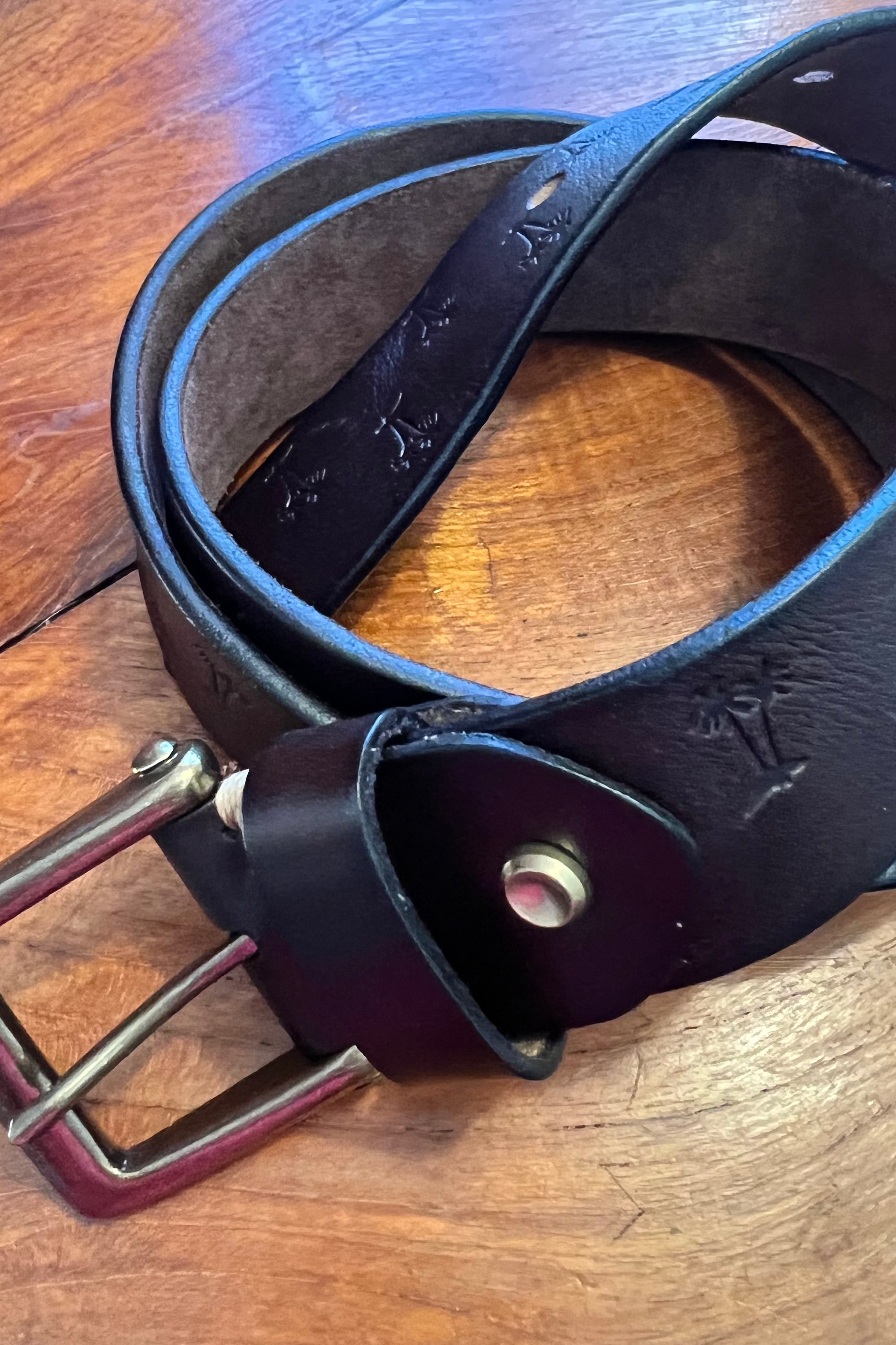 Vintage brown leather belt 120cm with embossed palm tree design and copper buckle - Havana Belt - Bohemian Love Runway 