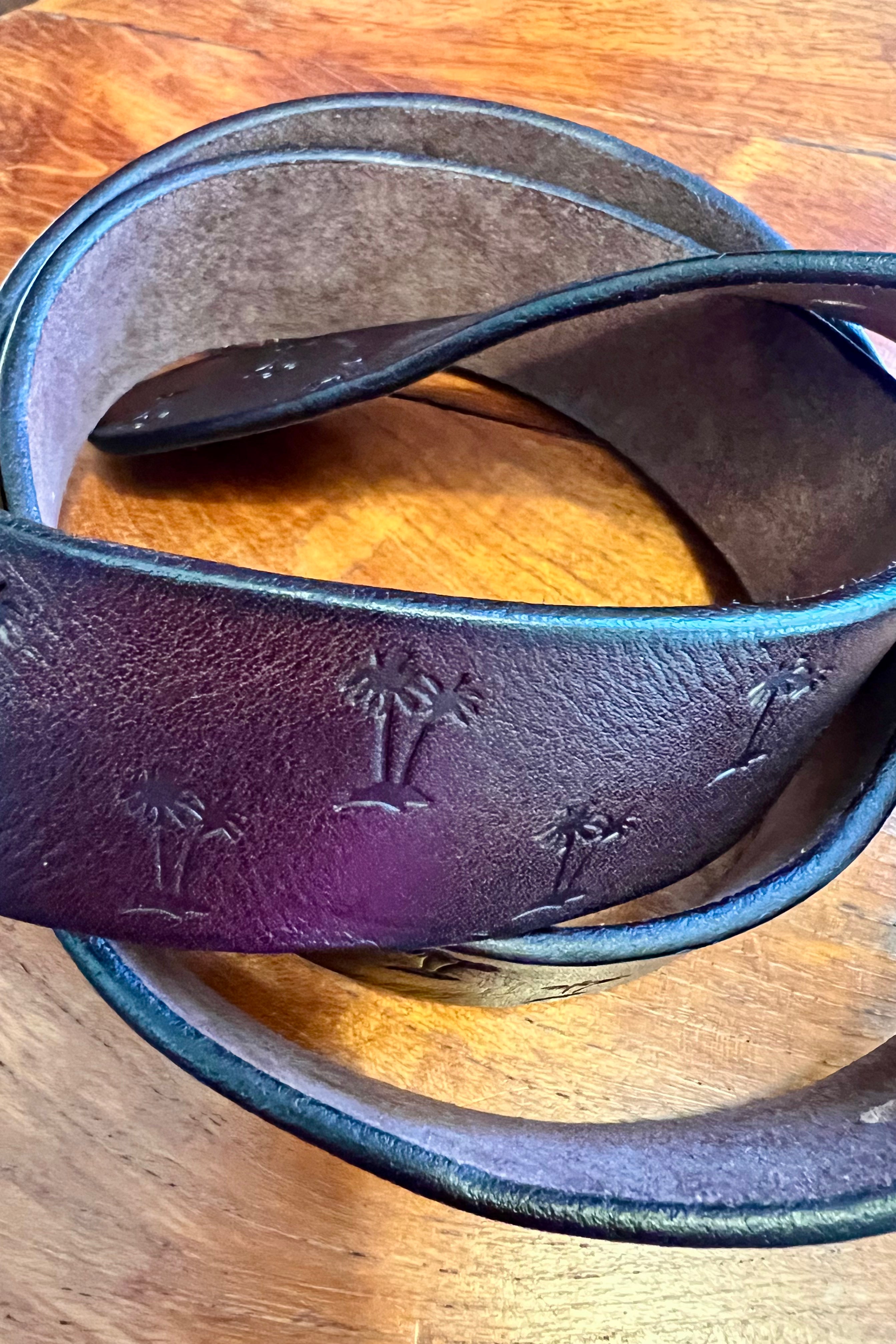 Vintage brown leather belt 120cm with embossed palm tree design and copper buckle - Havana Belt - Bohemian Love Runway 