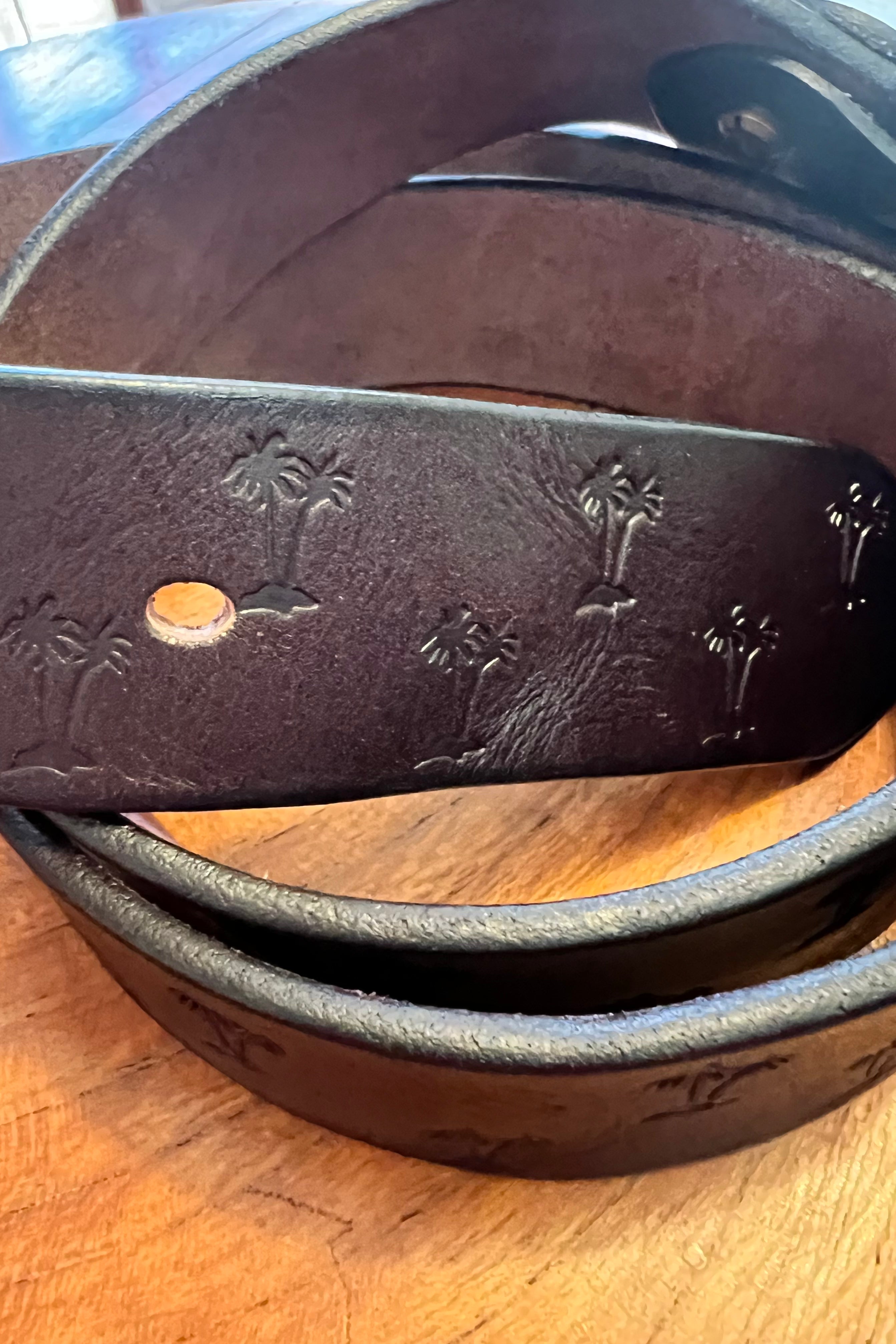 Vintage brown leather belt 120cm with embossed palm tree design and copper buckle - Havana Belt - Bohemian Love Runway 