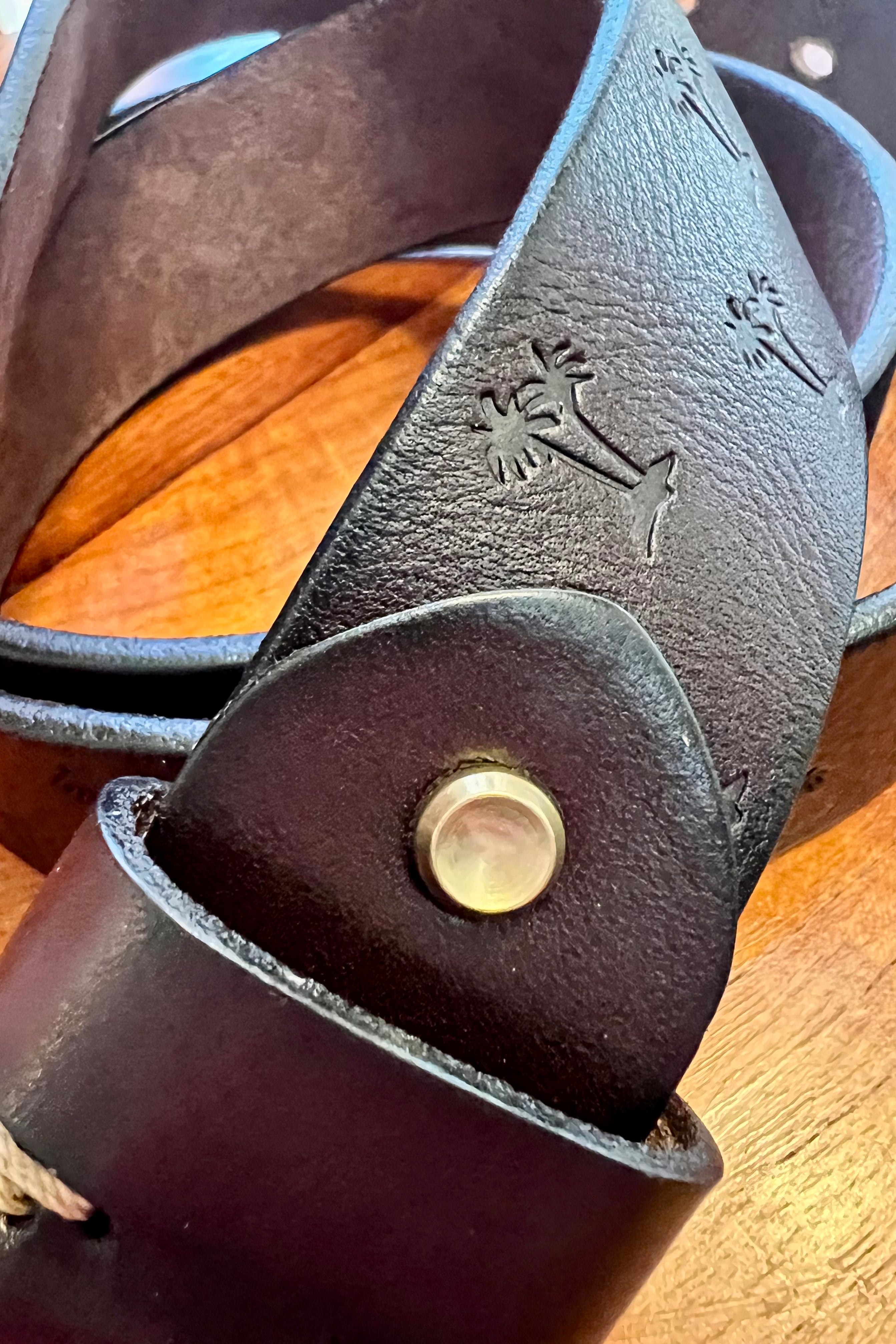 Vintage brown leather belt 120cm with embossed palm tree design and copper buckle - Havana Belt - Bohemian Love Runway 