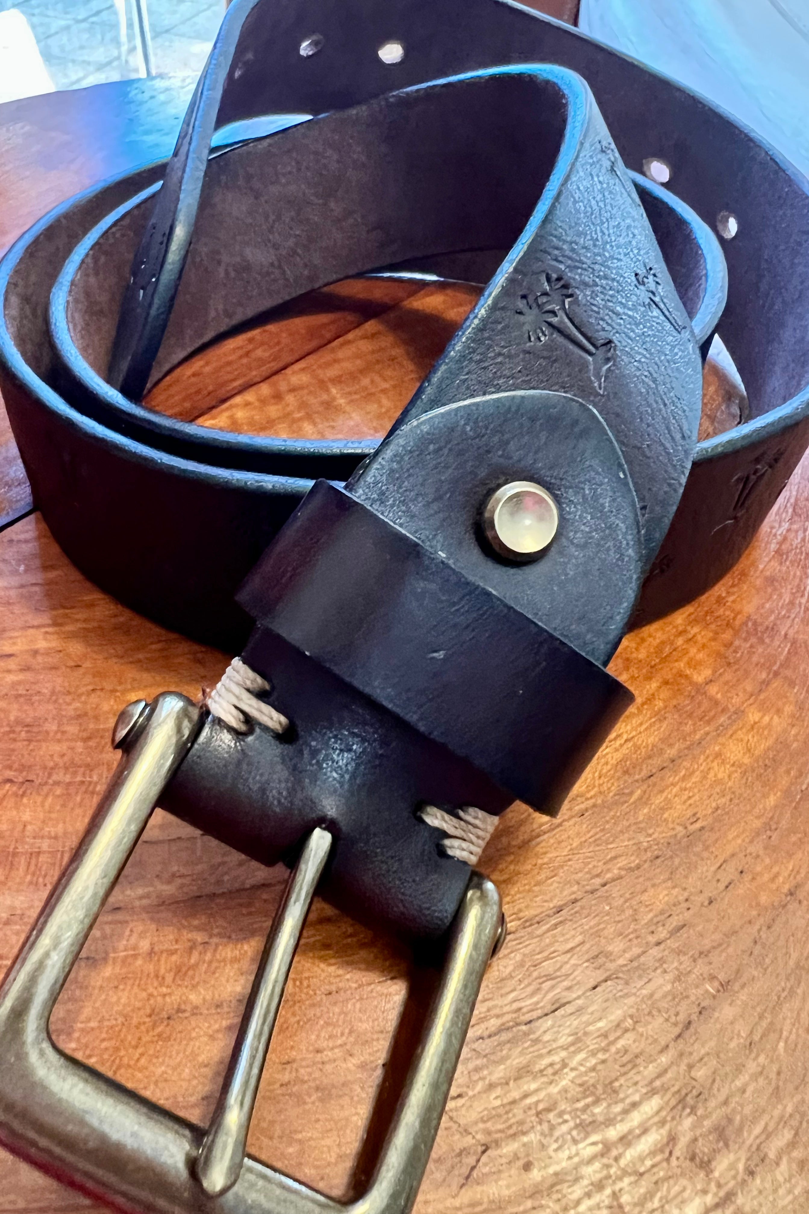 Vintage brown leather belt 120cm with embossed palm tree design and copper buckle - Havana Belt - Bohemian Love Runway 