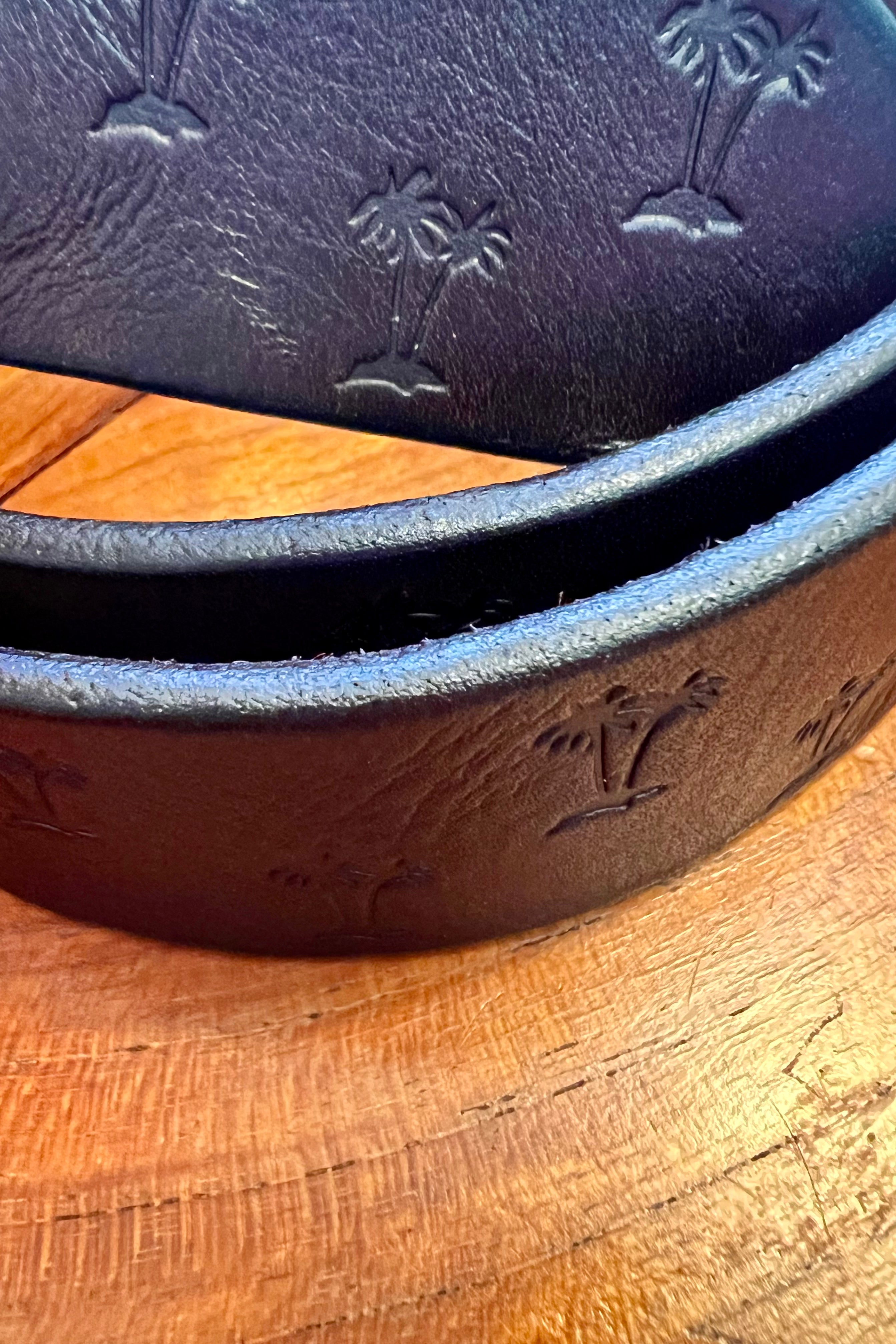 Vintage brown leather belt 120cm with embossed palm tree design and copper buckle - Havana Belt - Bohemian Love Runway 