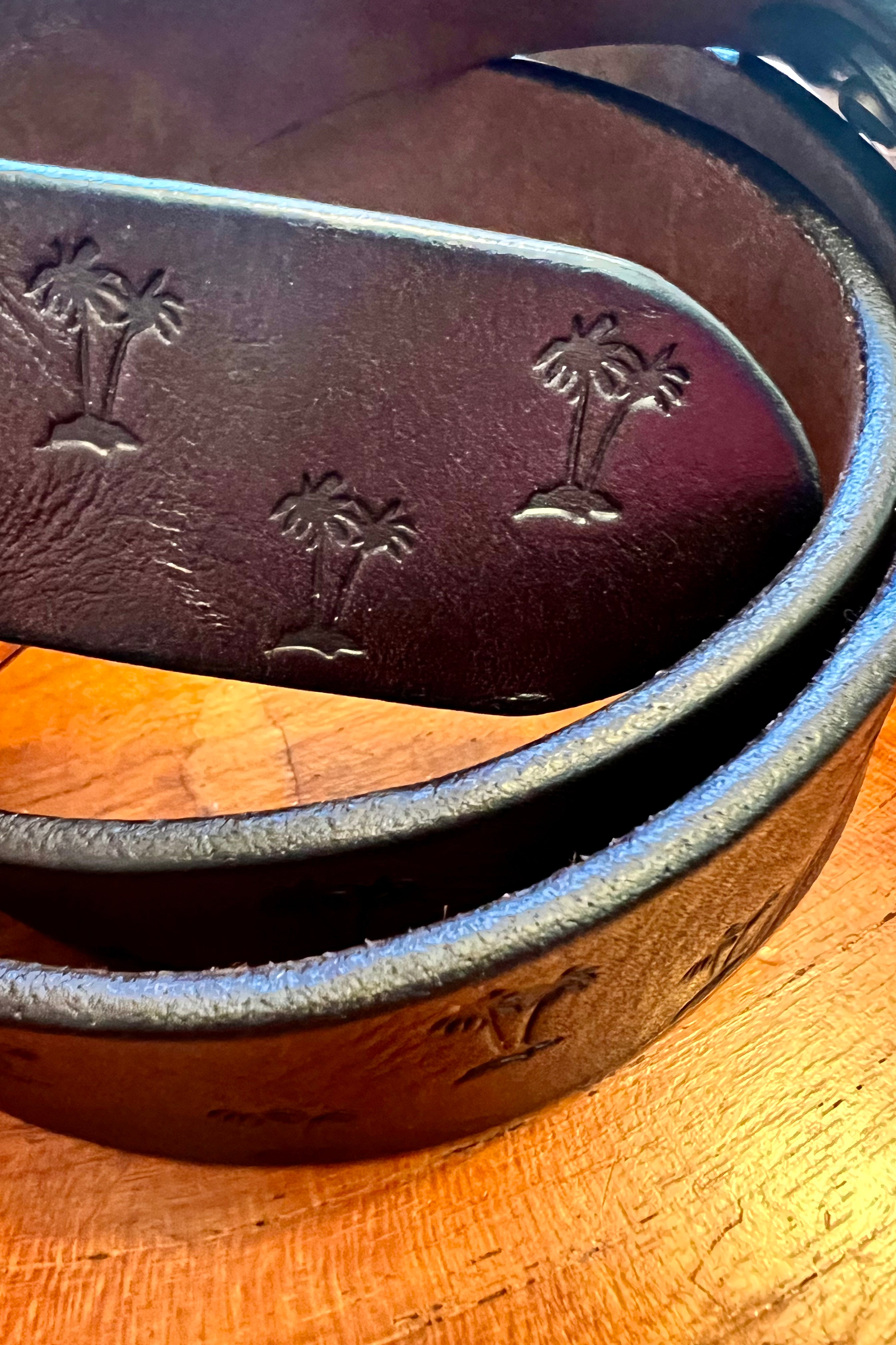 Vintage brown leather belt 120cm with embossed palm tree design and copper buckle - Havana Belt - Bohemian Love Runway 