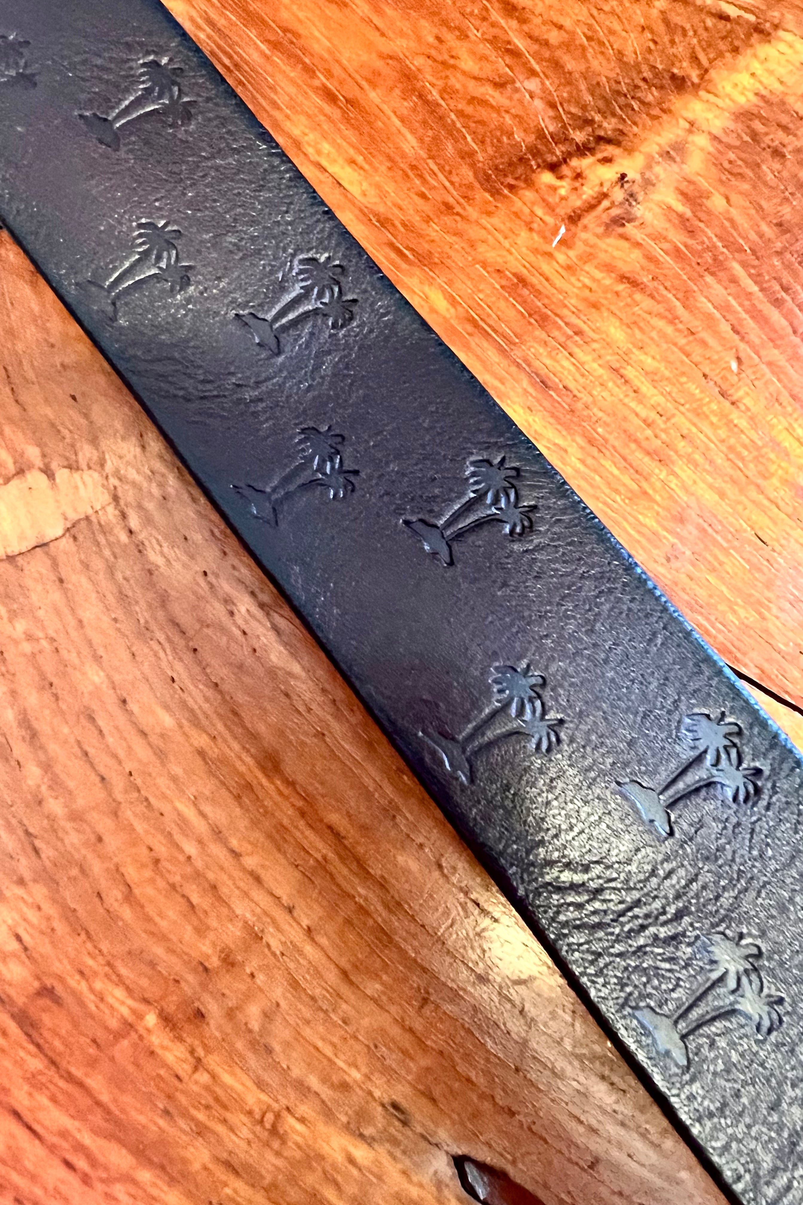 Vintage brown leather belt 120cm with embossed palm tree design and copper buckle - Havana Belt - Bohemian Love Runway 