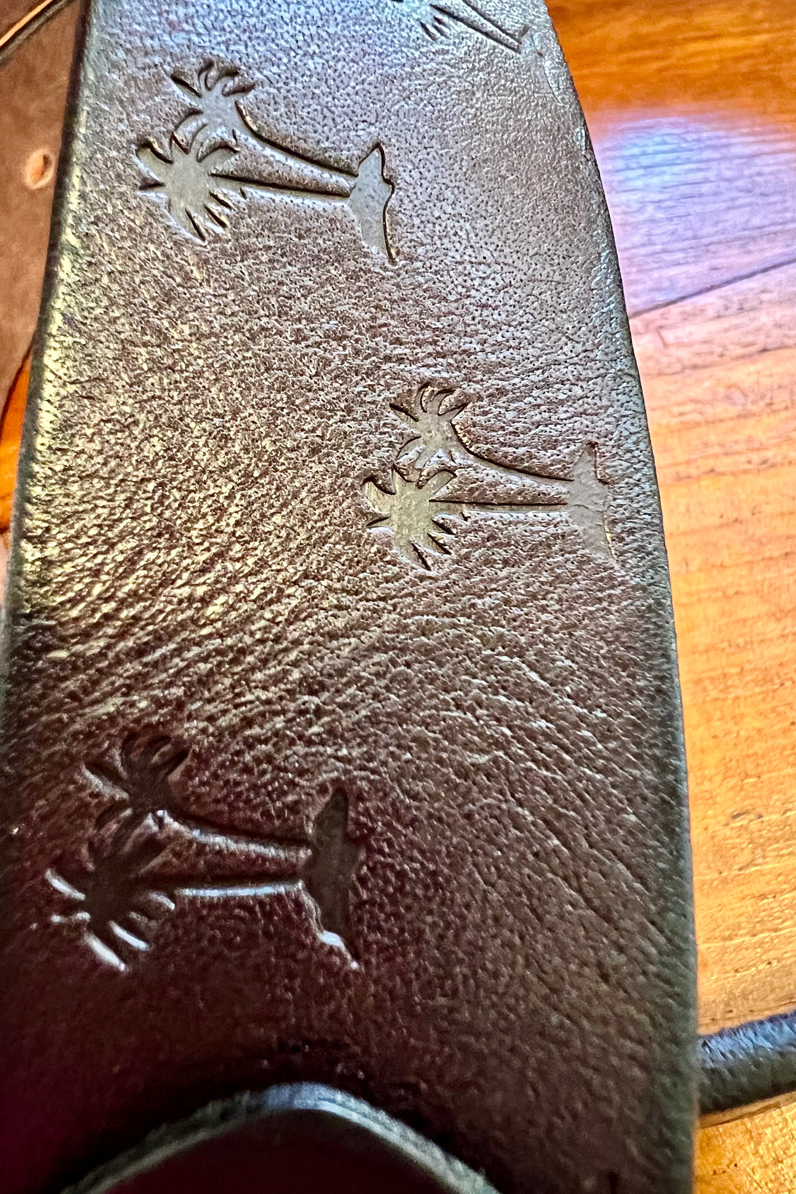 Vintage brown leather belt 120cm with embossed palm tree design and copper buckle - Havana Belt - Bohemian Love Runway 