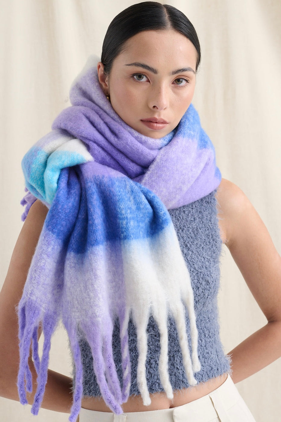  ANGELS WHISPER | BETTY PURPLE CHECK FLUFFY SCARF | Bohemian Love Runway