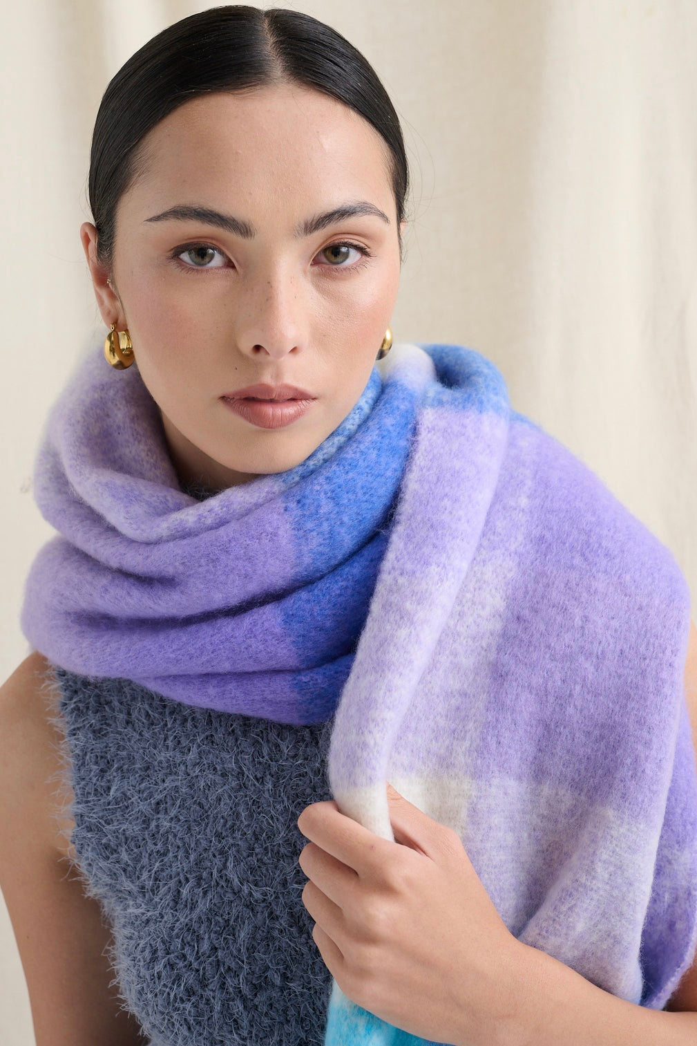  ANGELS WHISPER | BETTY PURPLE CHECK FLUFFY SCARF | Bohemian Love Runway