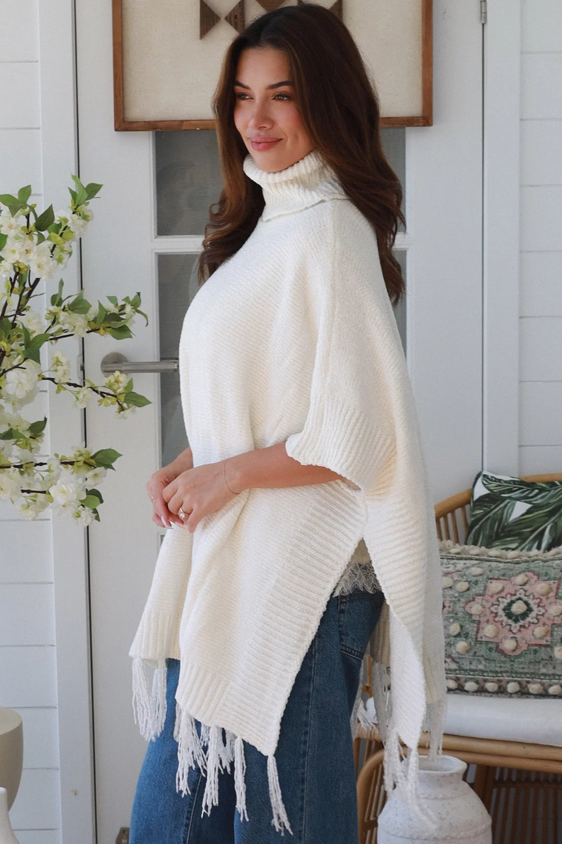 Sierra Cream Roll Neck Knit Poncho | Women's Boho Knitwear Australia