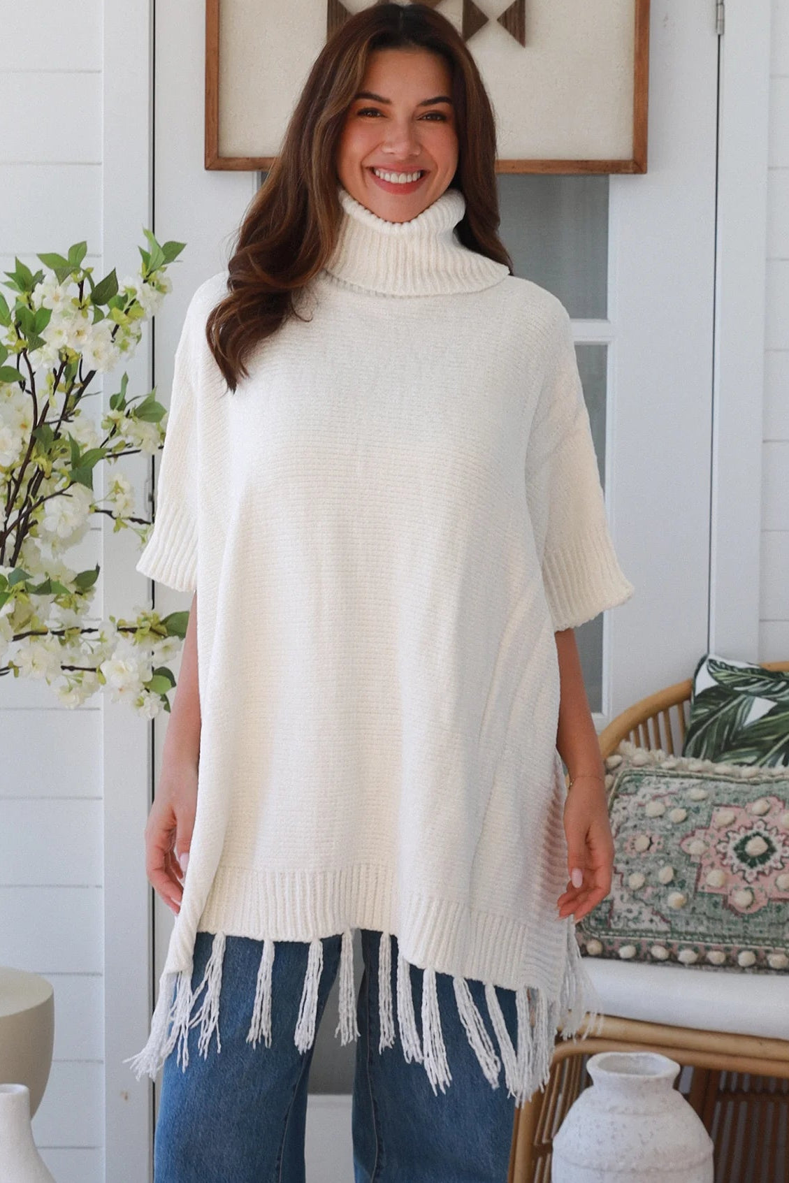 Sierra Cream Roll Neck Knit Poncho | Women's Boho Knitwear Australia