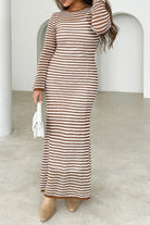Woman wearing brown and white striped knit maxi dress with long sleeves and round neckline - boho cotton bodycon dress Australia.