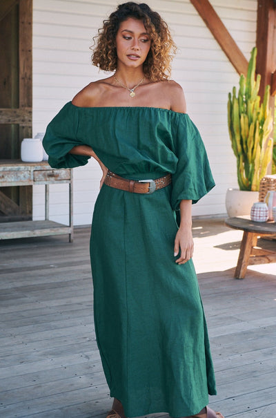 JAASE | HALLIE LINEN MAXI DRESS EMERALD | Bohemian Love Runway