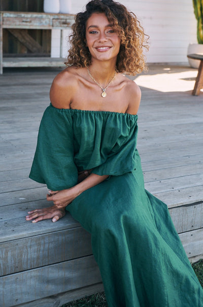 JAASE | HALLIE LINEN MAXI DRESS EMERALD | Bohemian Love Runway