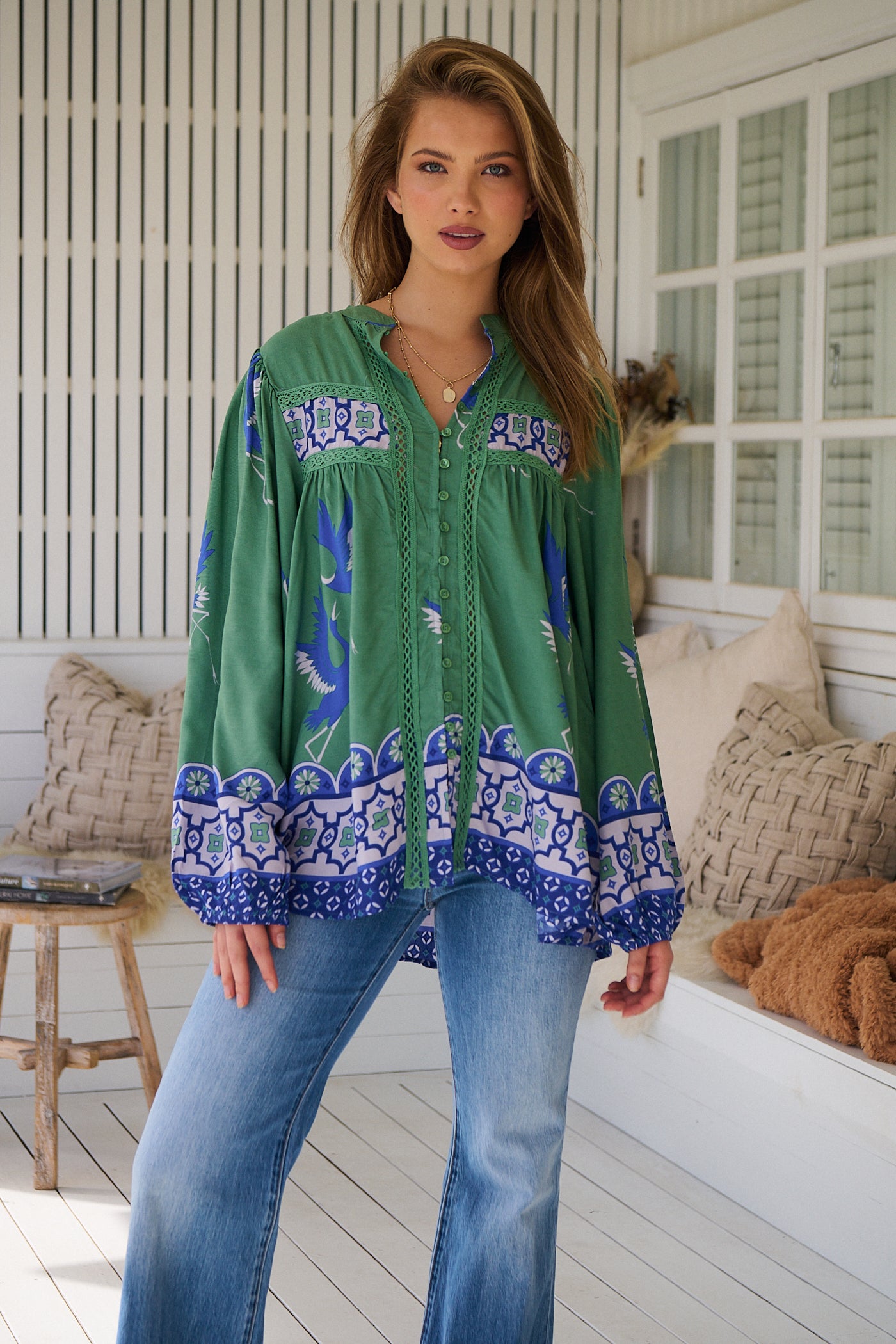 Model wears rayon Boho blouse with vintage print - feminine & effortless