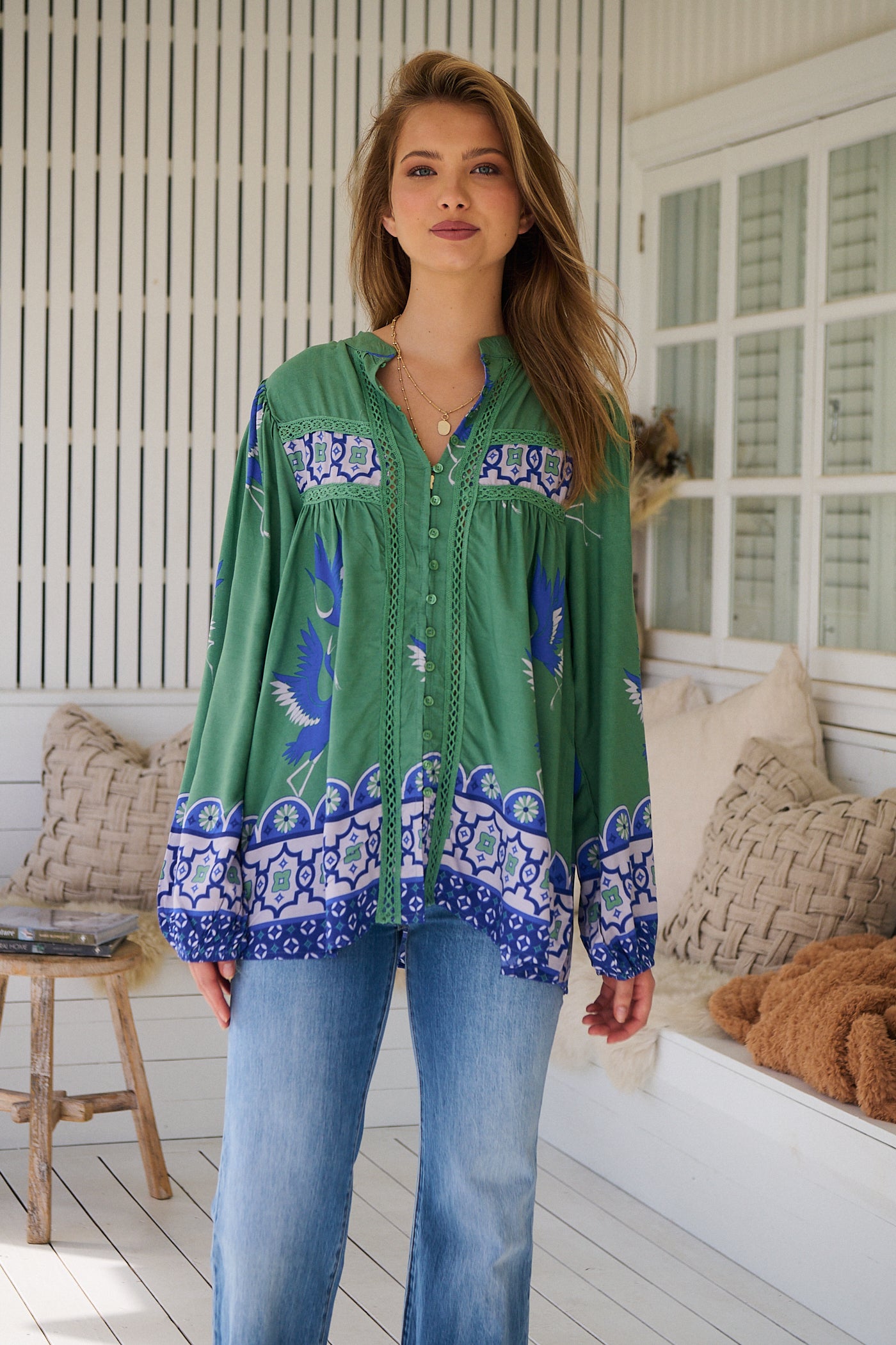 Model wears rayon Boho blouse with vintage print - feminine & effortless