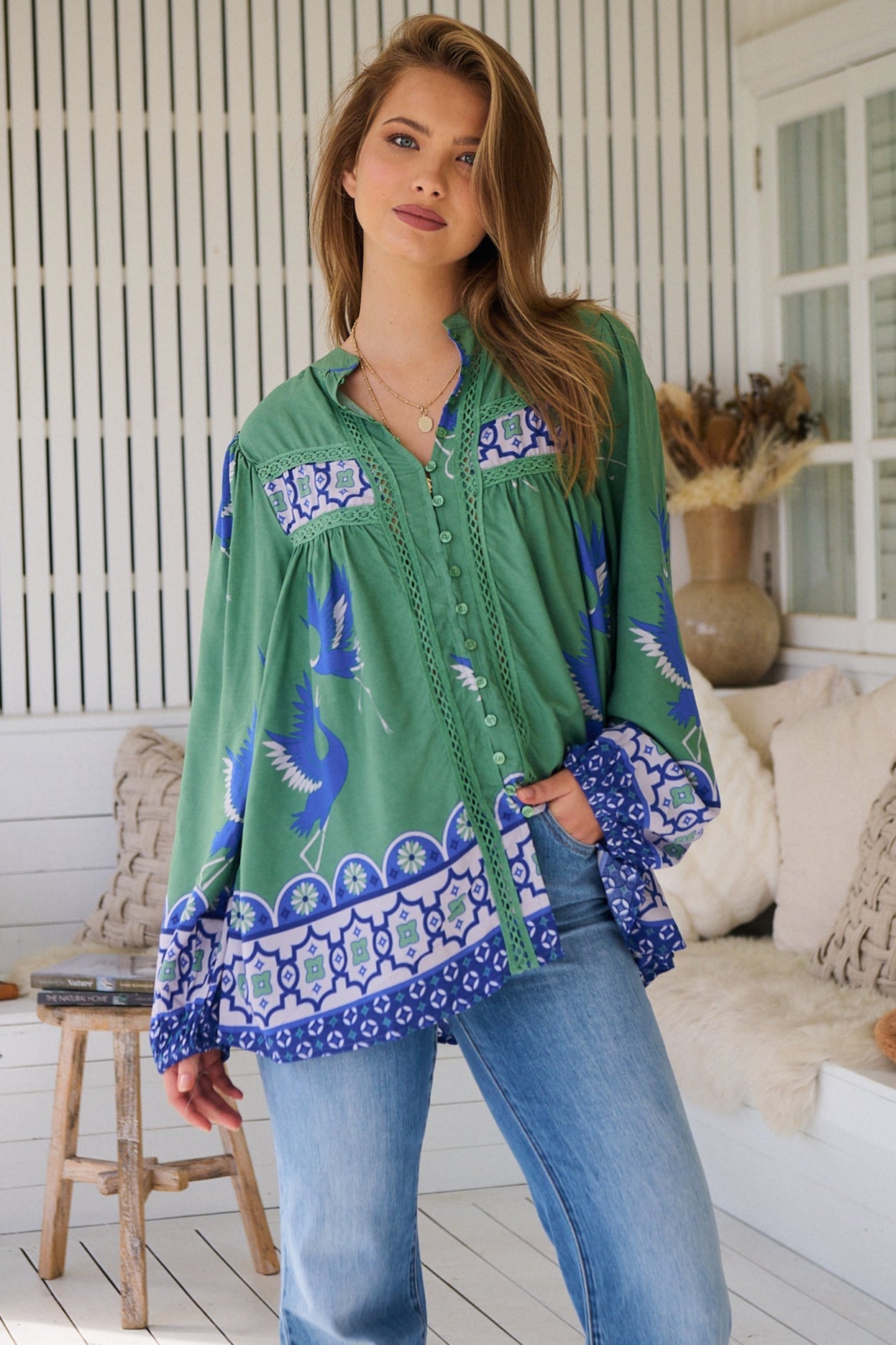Model wears rayon Boho blouse with vintage print - feminine & effortless