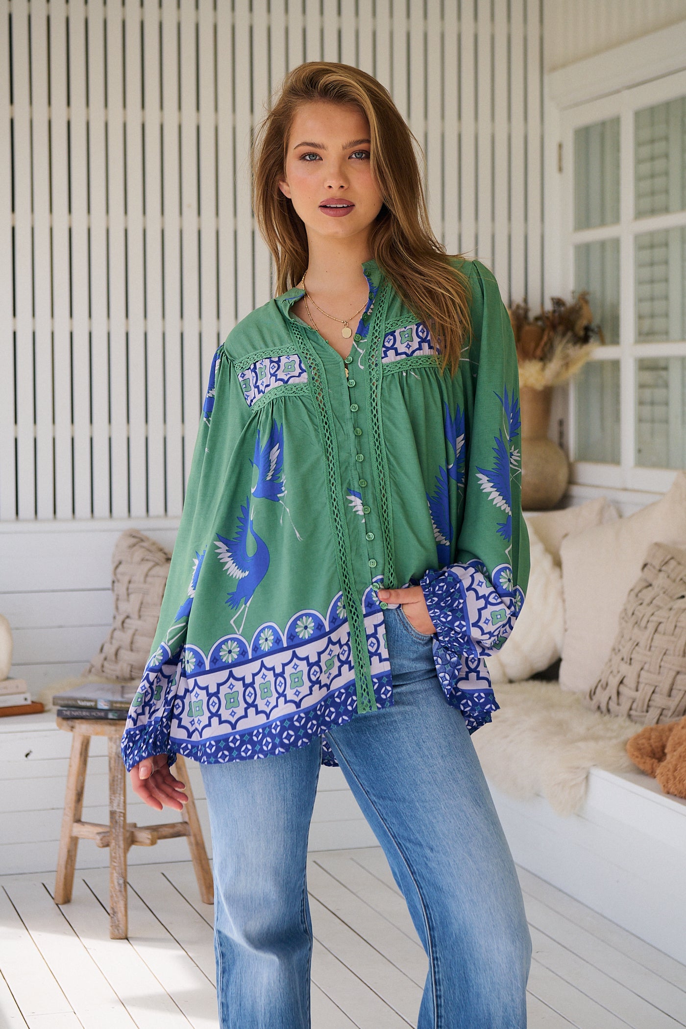 Model wears rayon Boho blouse with vintage print - feminine & effortless
