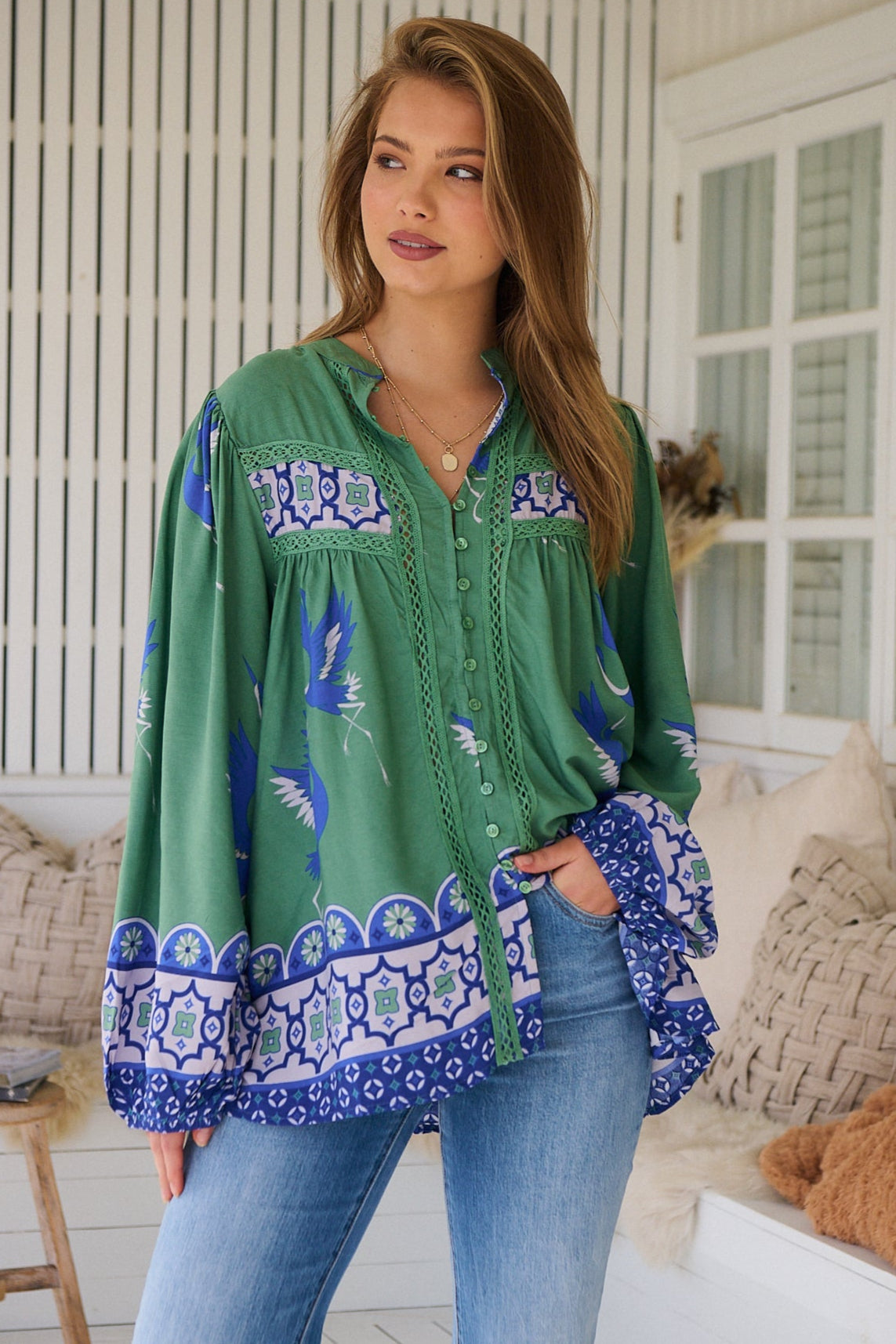 Model wears rayon Boho blouse with vintage print - feminine & effortless