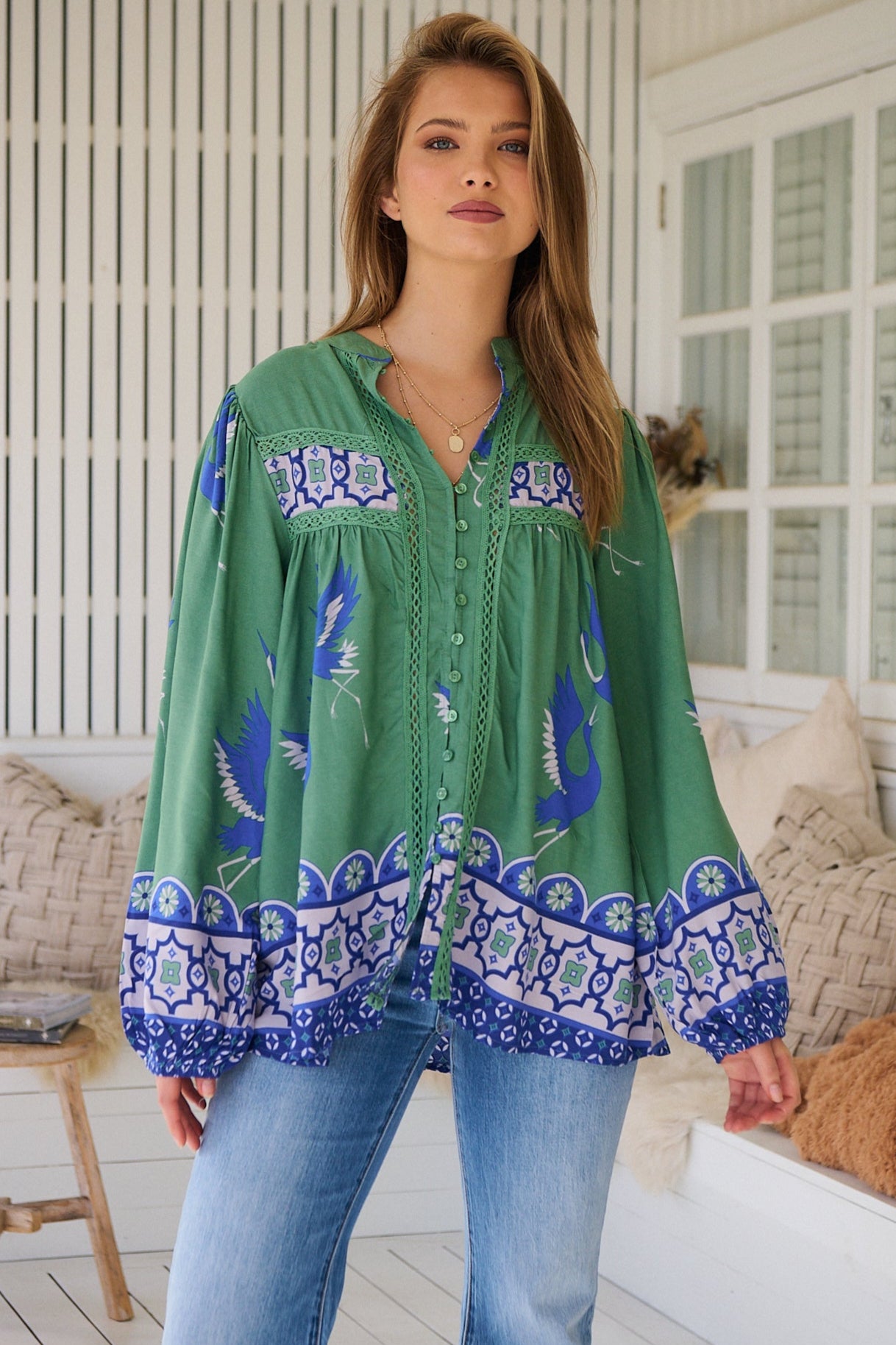 Model wears rayon Boho blouse with vintage print - feminine & effortless