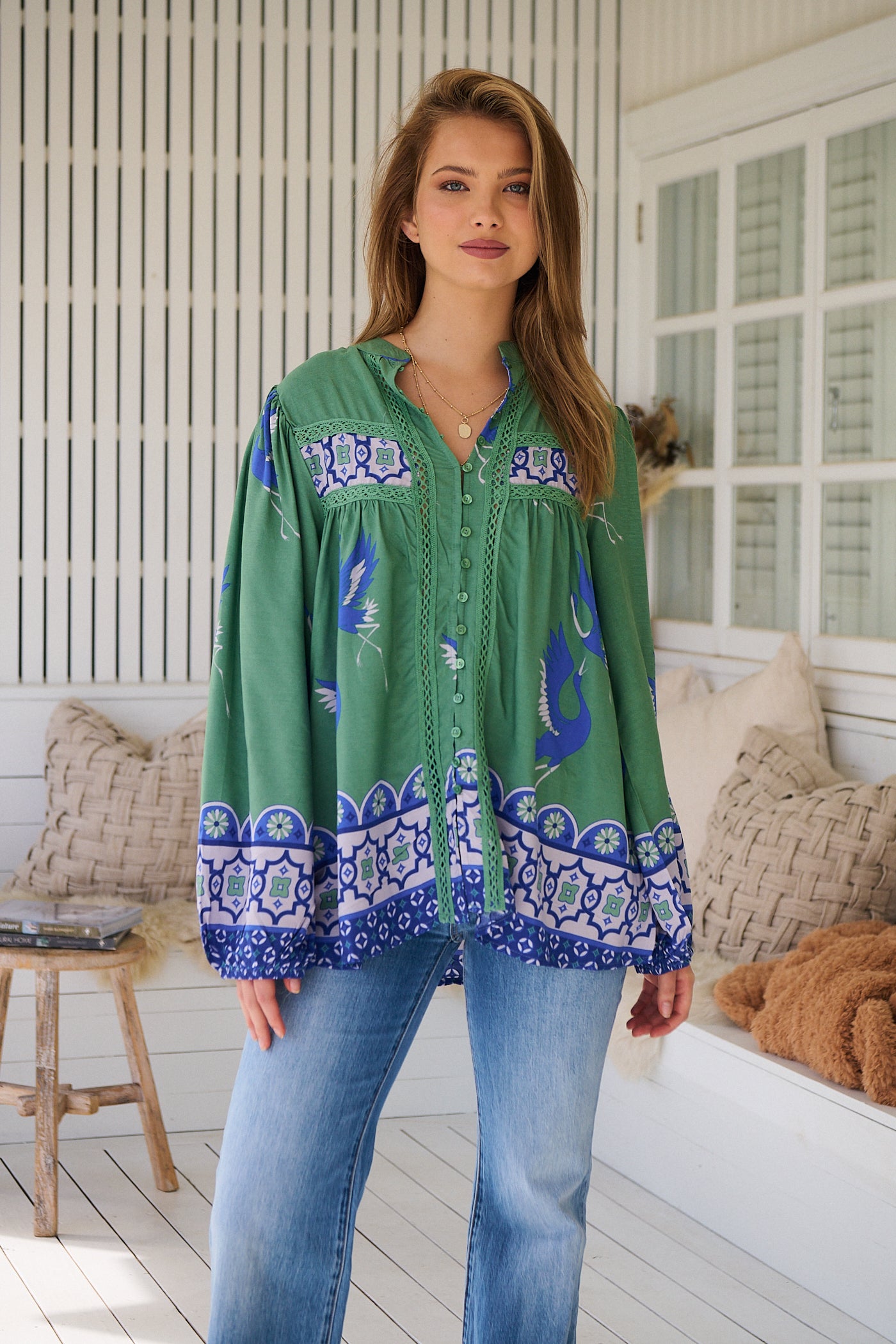 Model wears rayon Boho blouse with vintage print - feminine & effortless