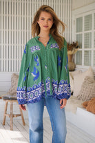 Model wears rayon Boho blouse with vintage print - feminine & effortless
