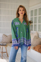 Model wears rayon Boho blouse with vintage print - feminine & effortless