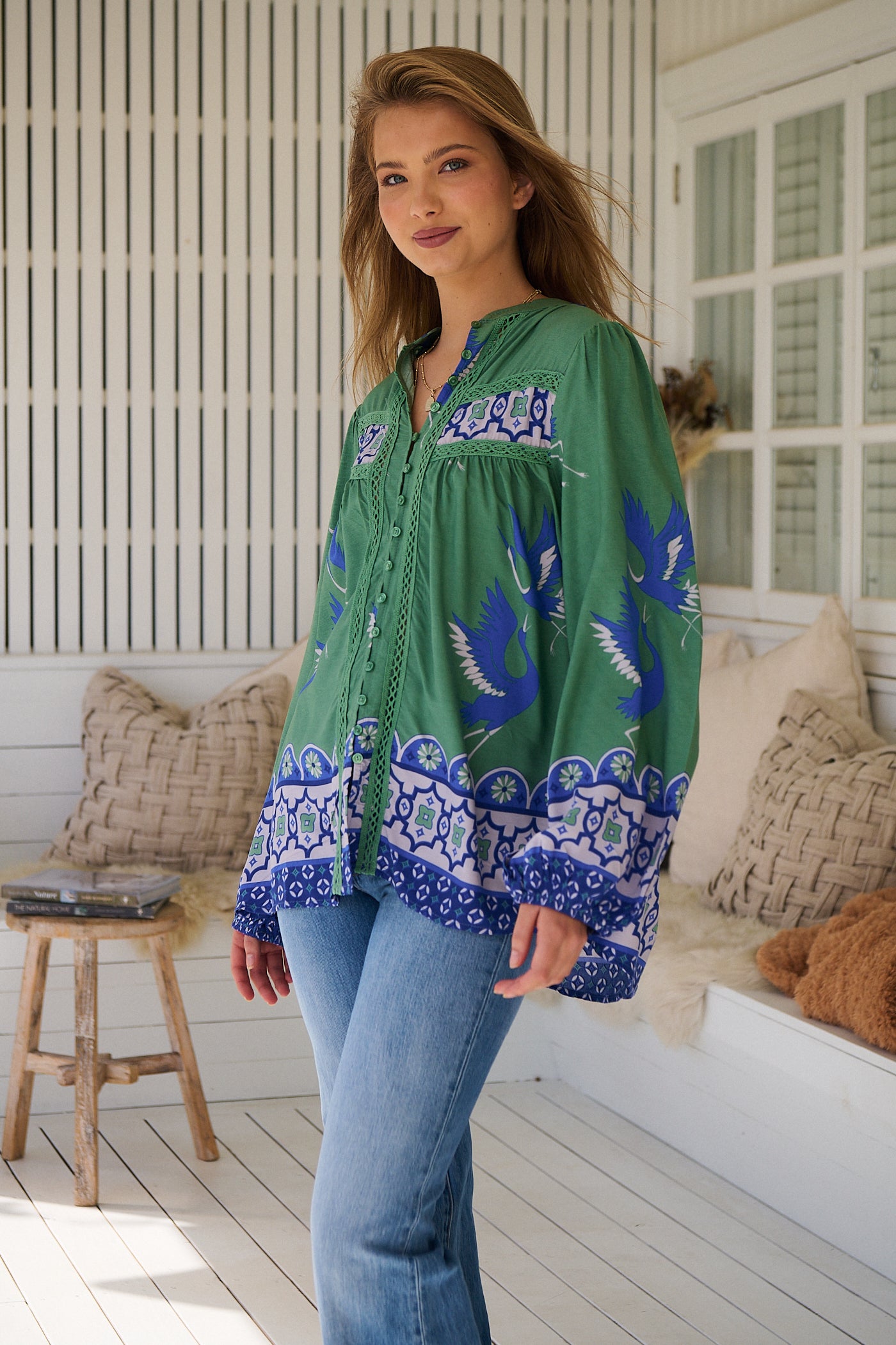 Model wears rayon Boho blouse with vintage print - feminine & effortless