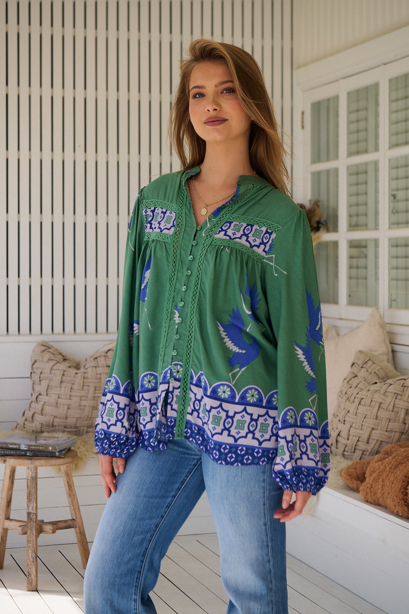 Model wears rayon Boho blouse with vintage print - feminine & effortless