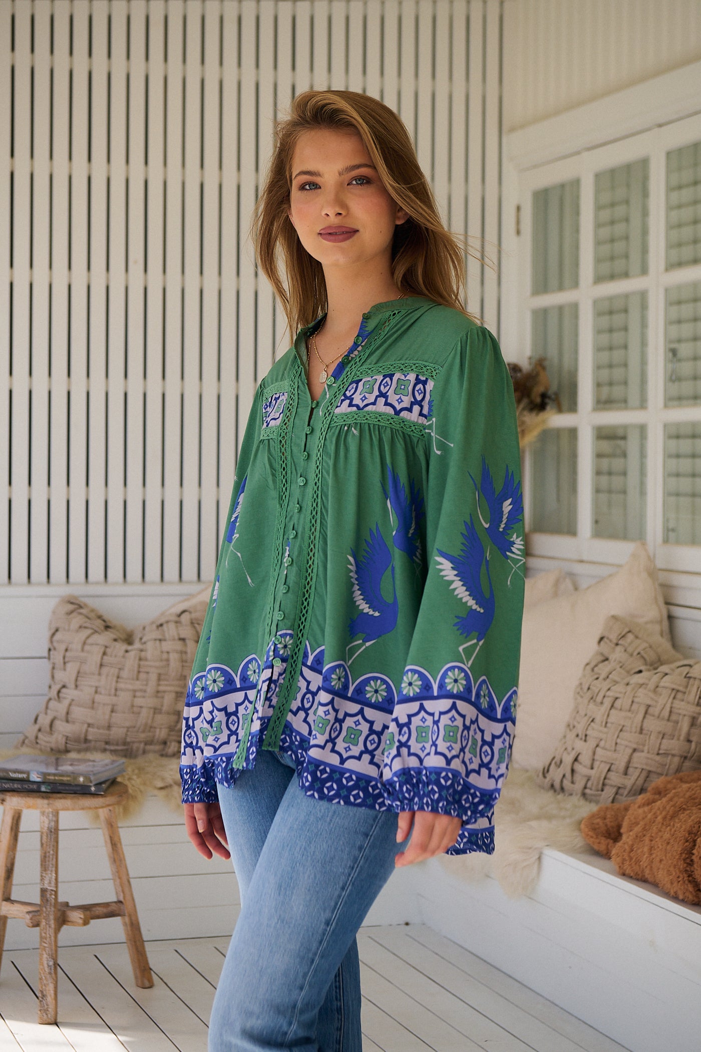 Model wears rayon Boho blouse with vintage print - feminine & effortless