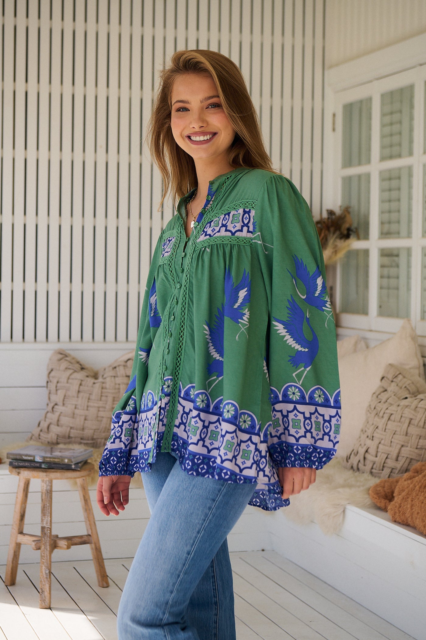 Model wears rayon Boho blouse with vintage print - feminine & effortless