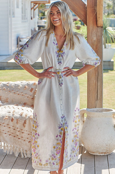JAASE | DAYLILIES WHITE LINEN IVY MIDI DRESS | Bohemian Love Runway